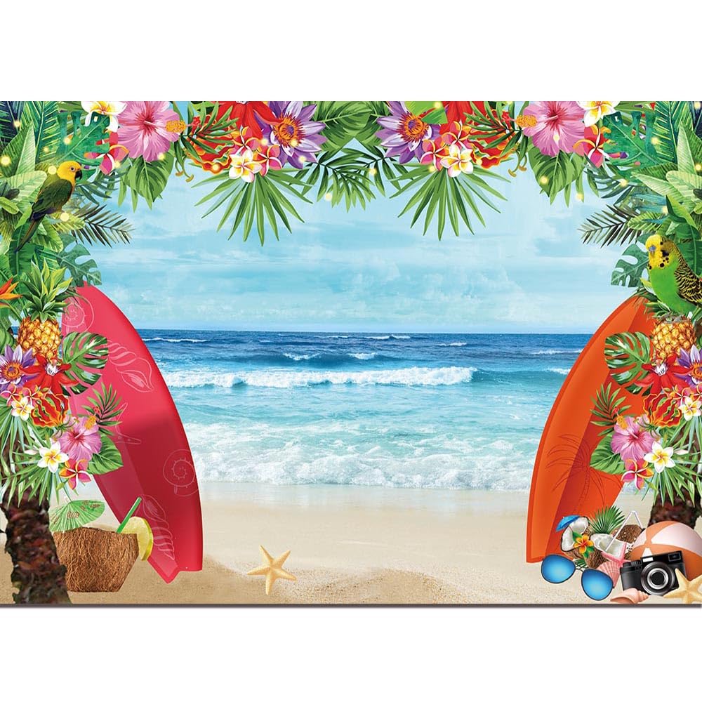 Hqm 10X8Ft Summer Tropical Beach Theme Photo Background Beach Conch Hawaii Blue Sea Flower Children Birthday Luau Party Photogra