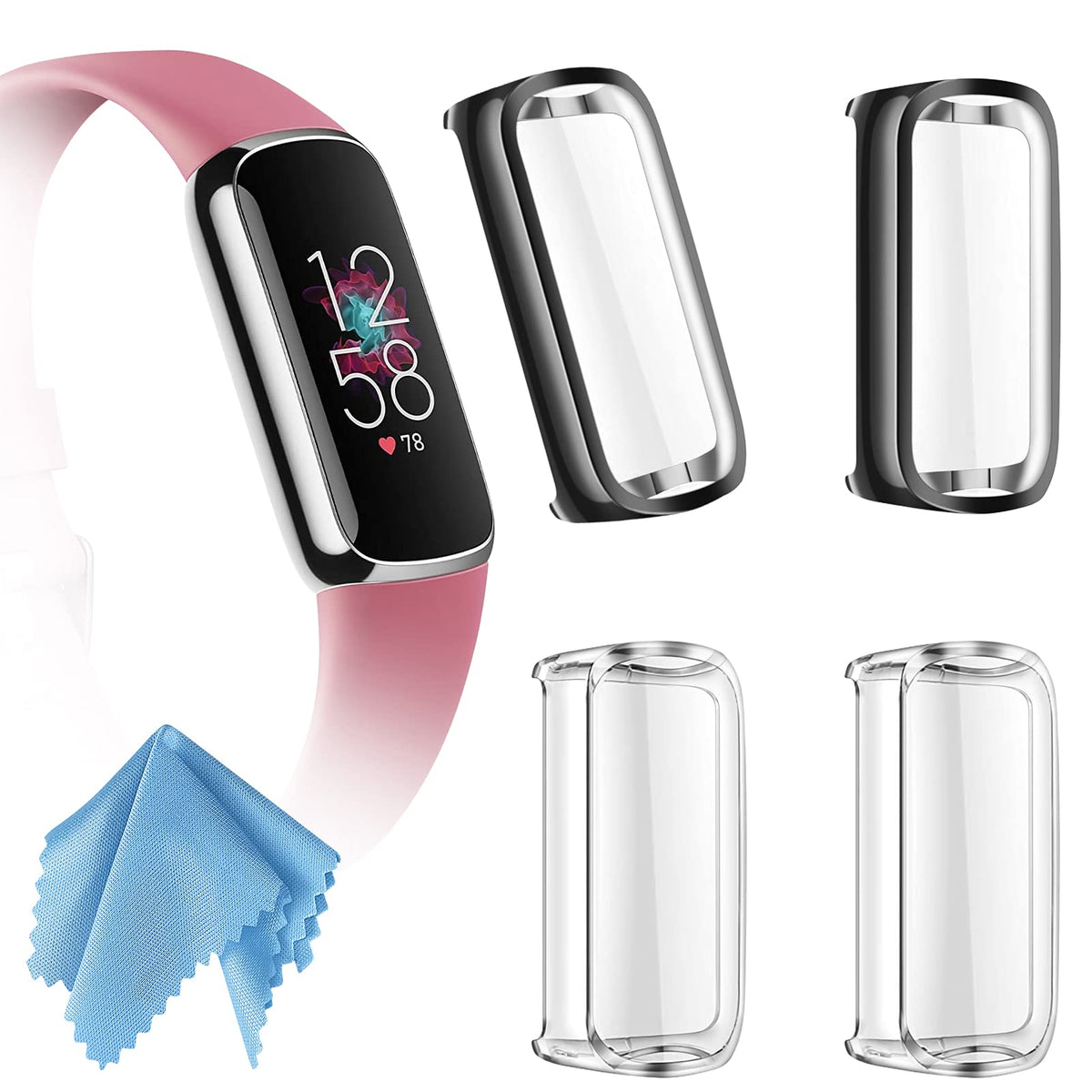 Fintie 4 Pack Screen Protector Case Compatible With Fitbit Luxe, Soft Tpu Full Protective Screen Cover Saver Bumper, 2*Black, 2*