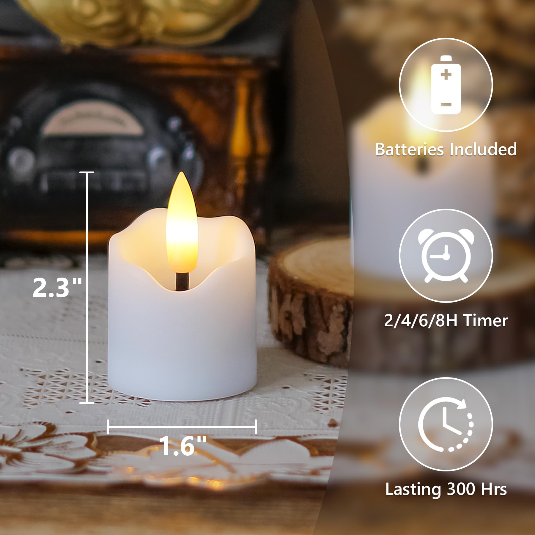 Wroxipel 6 Pack Battery Operated Auto Daily Timer White Plastic Led Flameless Votive Candles, Long Runtime 1.6'' X2.3'' Flickeri