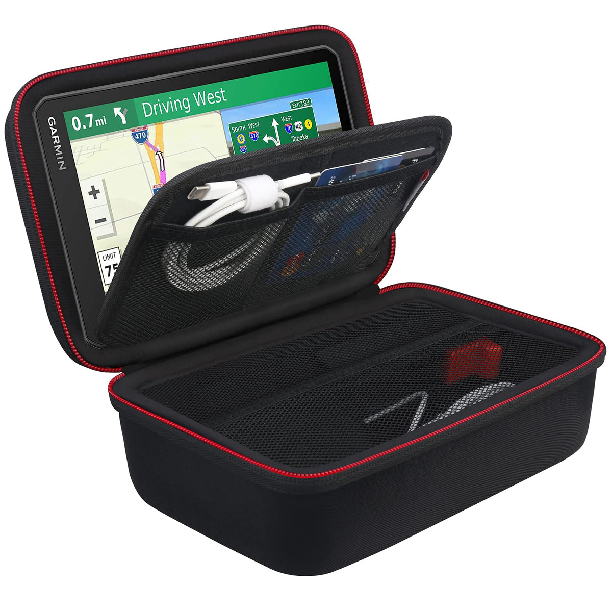 BOVKE Hard GPS Case for 6-7 Inch Garmin DriveSmart 76/65/61, RV 780/dezl OTR700/OTR610 Garmin Catalyst, GPS Navigator System, Extra Space fit Car Charger, Friction Mount, USB Cable, Black+Black