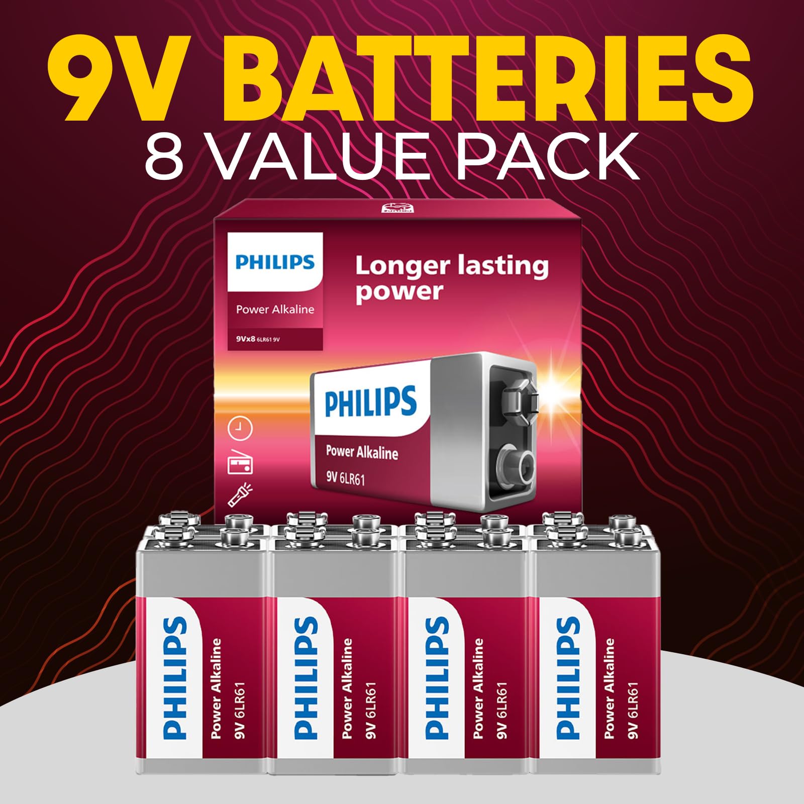 Philips 9 Volt Battery, (8 Count) Power Alkaline 9V Batteries For Smoke Detector, Long Lasting Power Up To 5 Years In Storage, 9