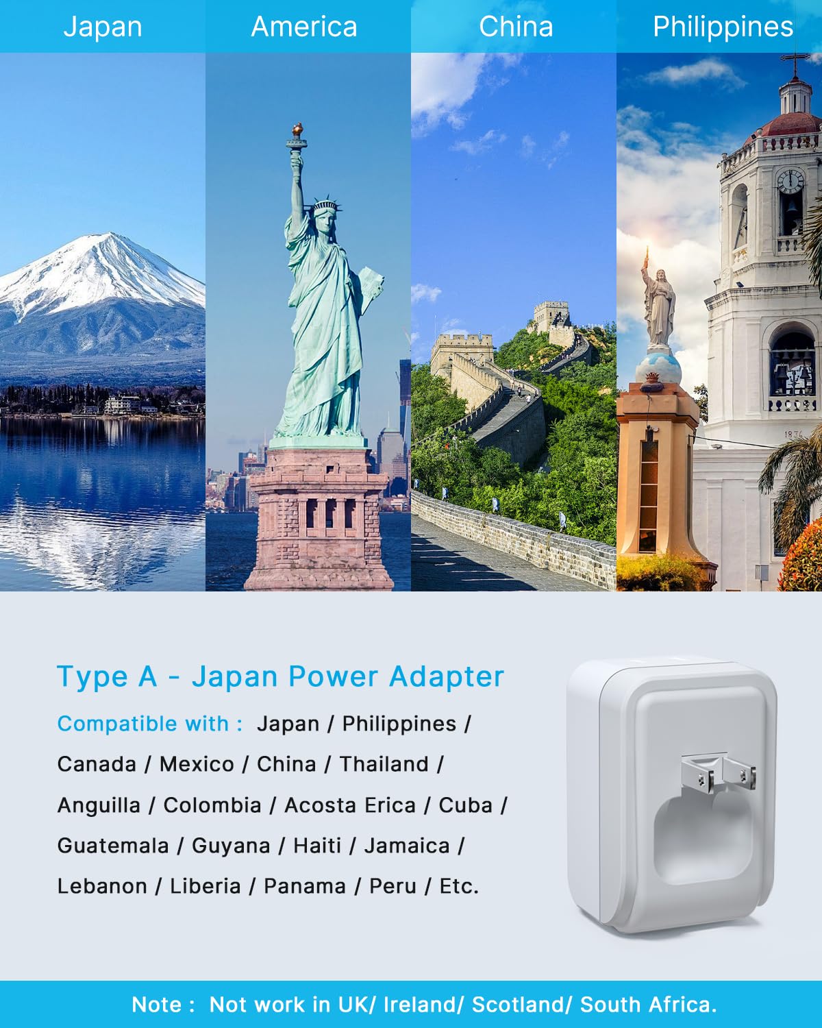 1 Pack Us To Japan Plug Adapter, Vintar Foldable Japan Travel Adapter With 2 Outlets And 3 Usb Ports(2 Usb C), 2 Prong To 3 Pron