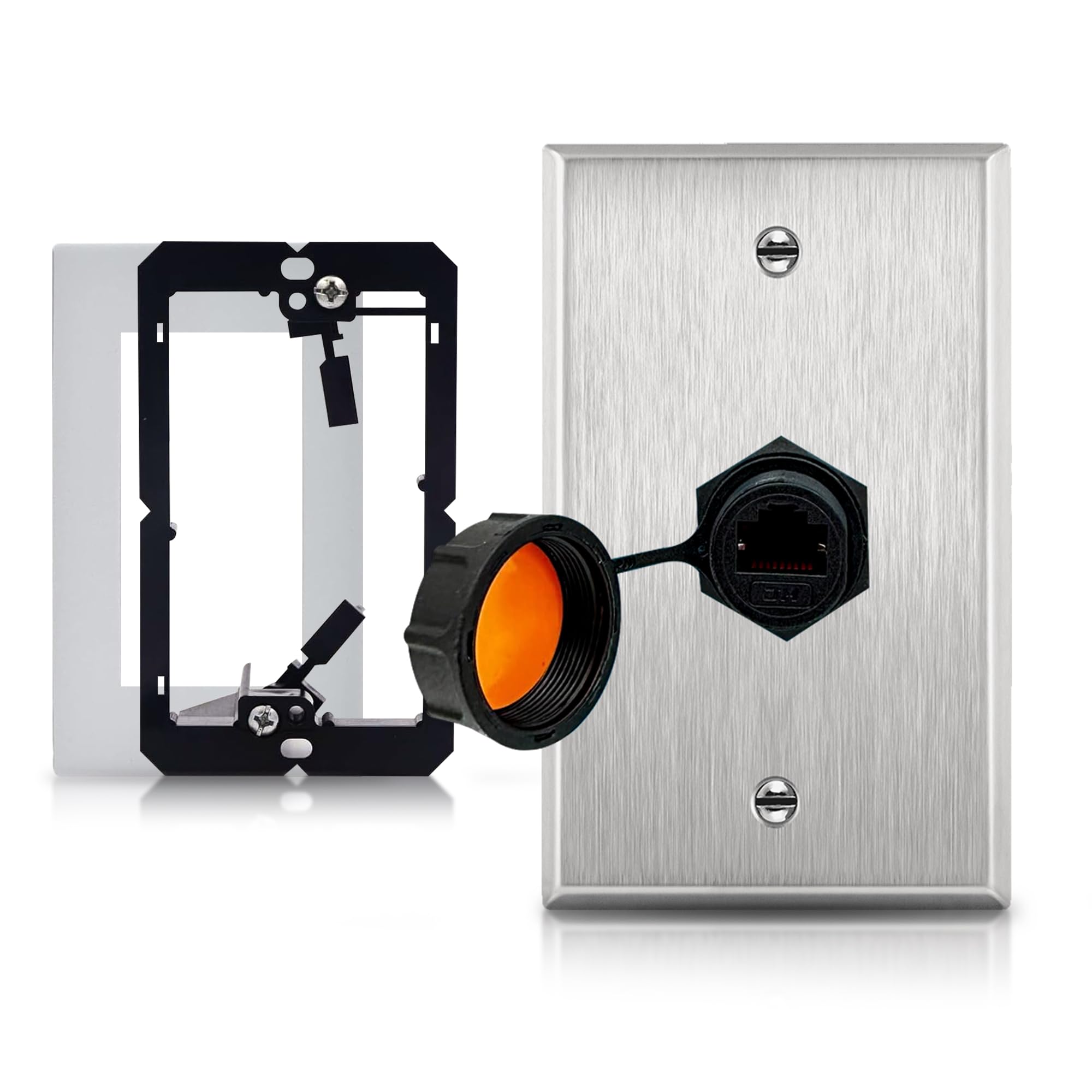 Ets Stainless Steel Single Gang Wall Plate W/Single Ip68 Waterproof Rj45 Cat6 Jack Pass Through Socket Coupler Connection Type,