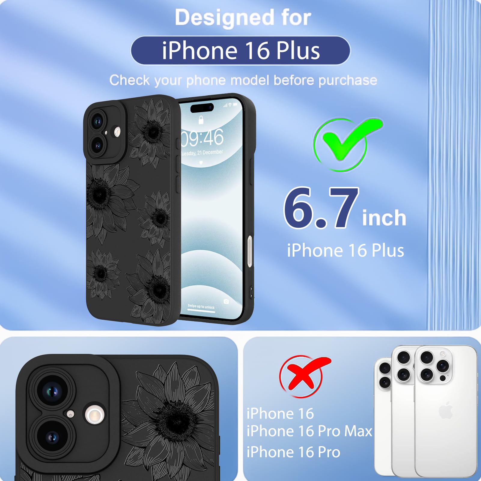 Ook Floral Case For Iphone 16 Plus Case, Cute Sunflower Floral Blooms Design Soft Tpu Shockproof Protective For Women Girls Phon