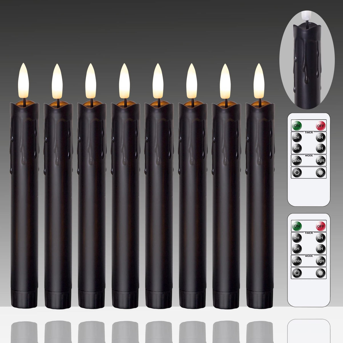 Mavandes Flameless Flickering Taper Candles Two Remote, 7.5 Inch Black Battery Operated Led Window Candles Timer,Set Of 8 Plasti