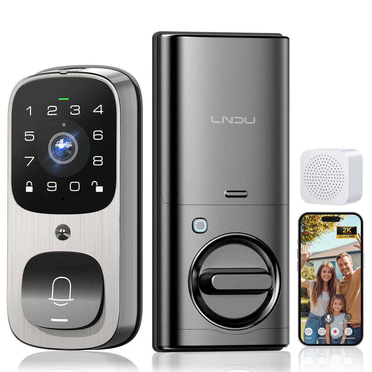 Lndu Smart Lock With 6 In 1 Camera+Doorbell+Fingerprint Keyless Entry, Wifi Door Lock For Front Door With 32Gb Emmc, 2K Doorbell
