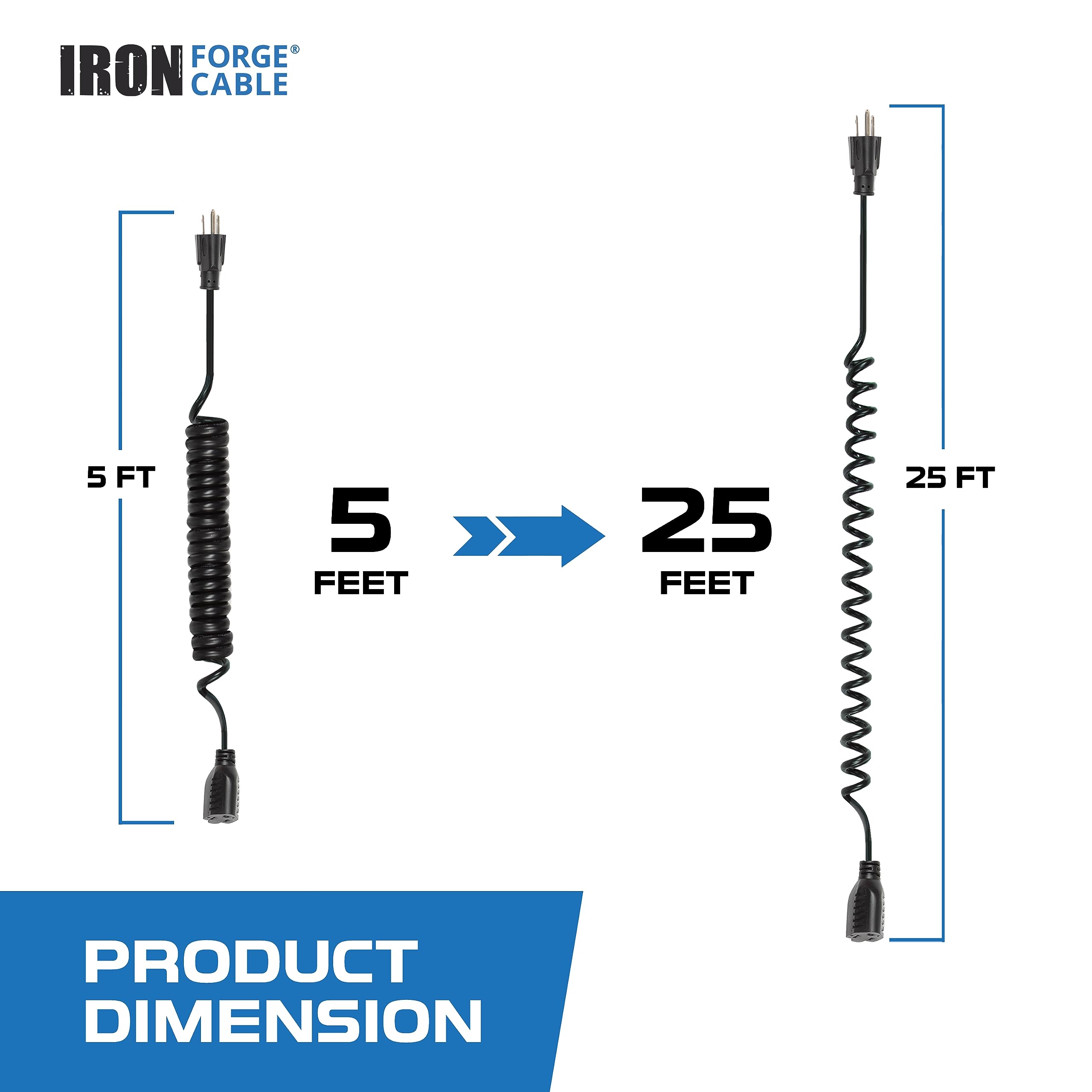 Iron Forge Cable Sjeow Black Outdoor Coiled Extension Cord 25 Ft, 16/3 Oil Resistant & Flame Retardant 3 Prong Coiled Electrical