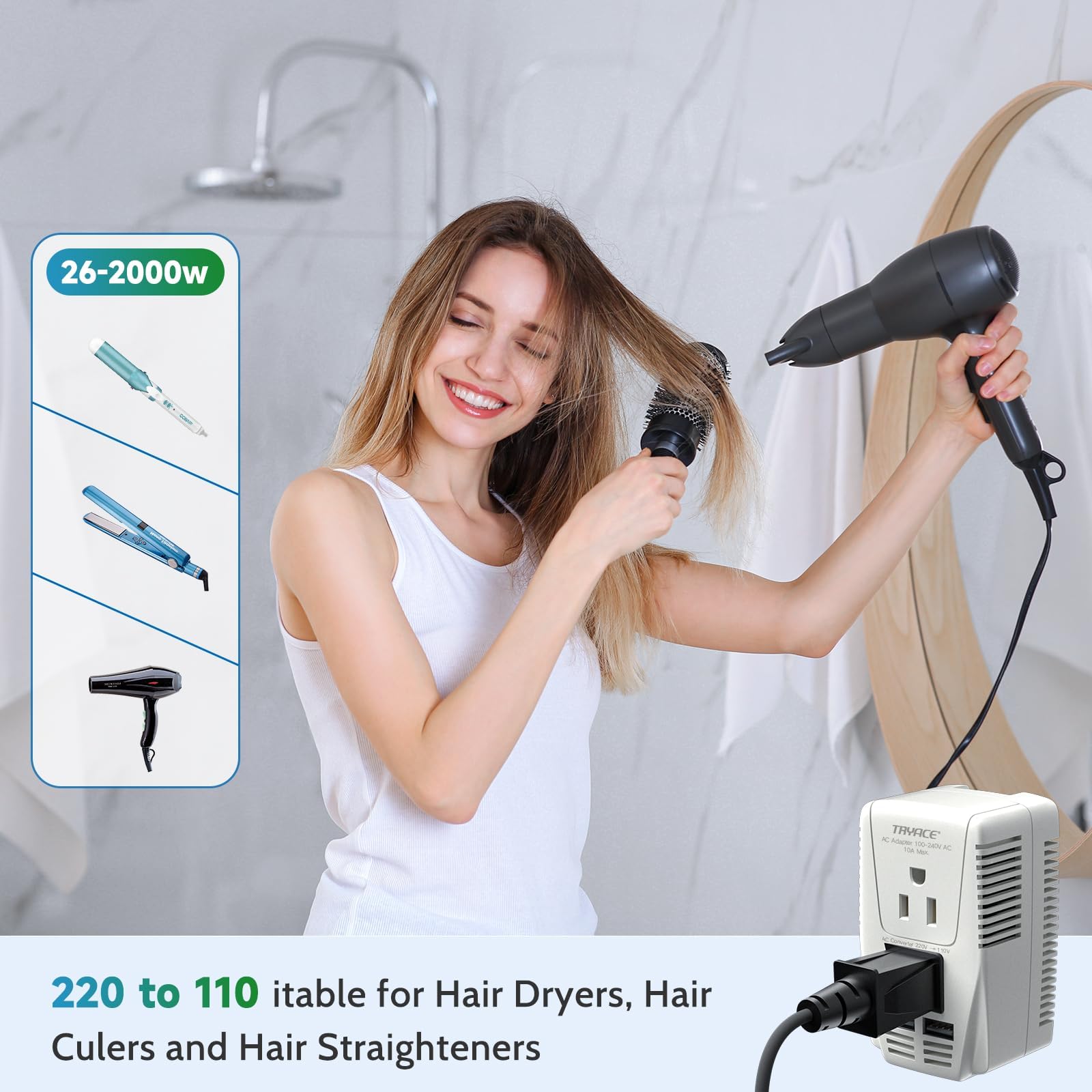 Tryace 220V To 110V Converter,Upgraded 2000W Travel Voltage Converter For Hair Dryer Straightener Curling Iron,10A Power Adapter