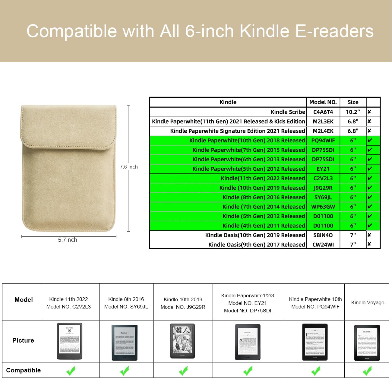 Walnew 6 Inch Sleeve For All New Kindle 2022/Kindle 2019(J9G29R)/6'' Kindle Paperwhite/Kindle Voyage/Kindle (8Th Gen, 2016)/Kind