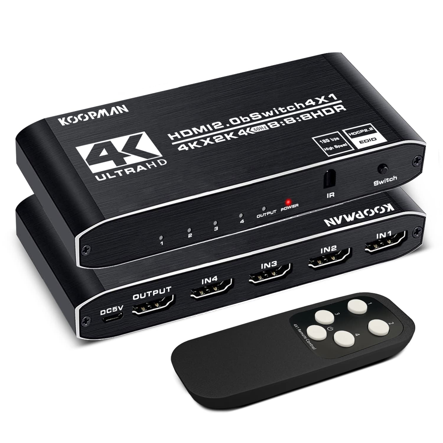 4K Hdr Hdmi Switch, Koopman 4 Ports Hdmi 2.0 Switcher Selector With Ir Remote Control, Supports Hdcp 2.2 4K@60Hz Ultrahd Hdr10 3