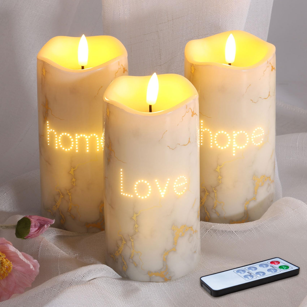 Eywamage Fiber Optic Flameless Pillar Candles With Remote, Marble Letters Battery Operated Flickering Led Candles F 3'' H 6''