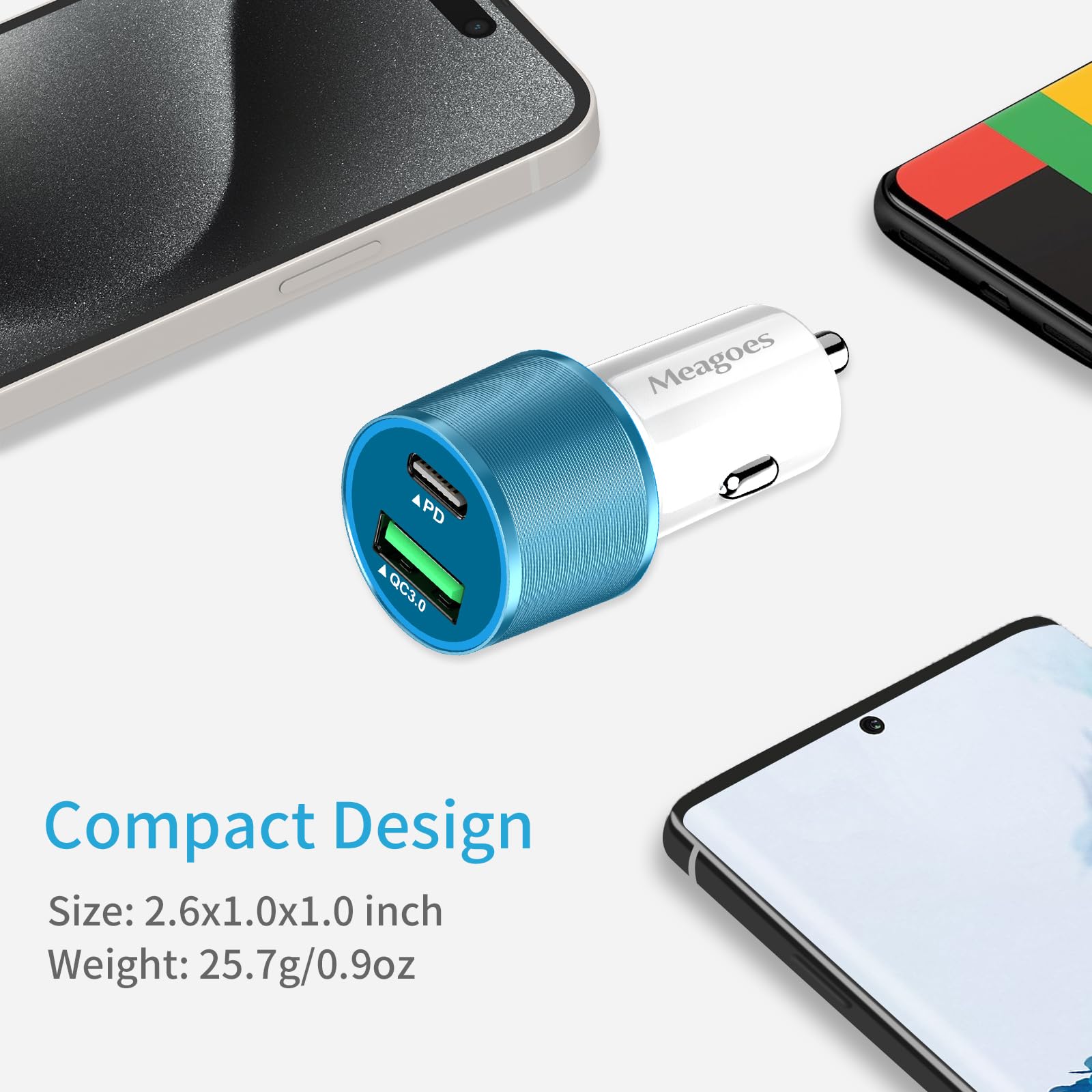 Meagoes Blue Usb C Car Charger, 48W 2 Port Fast Charging Adapter With Pd&Qc3.0 Compatible For Iphone 16/15 Pro Max/Samsung Galax