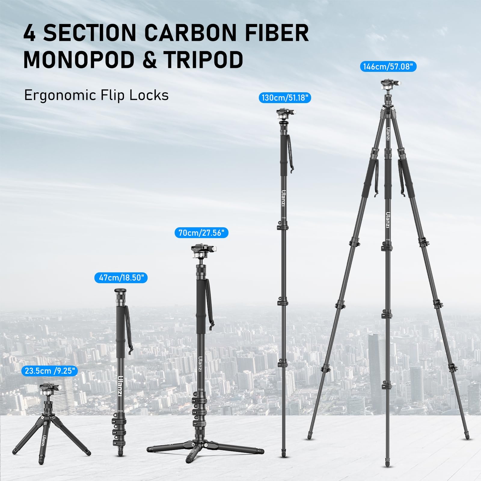 Ulanzi Tt35 Hiking Stick Tripod Kit, Travel Camera Tripod Monopod, 57.48'' Detachable Carbon Fiber Tripod Stand Kit With 3 Hikin