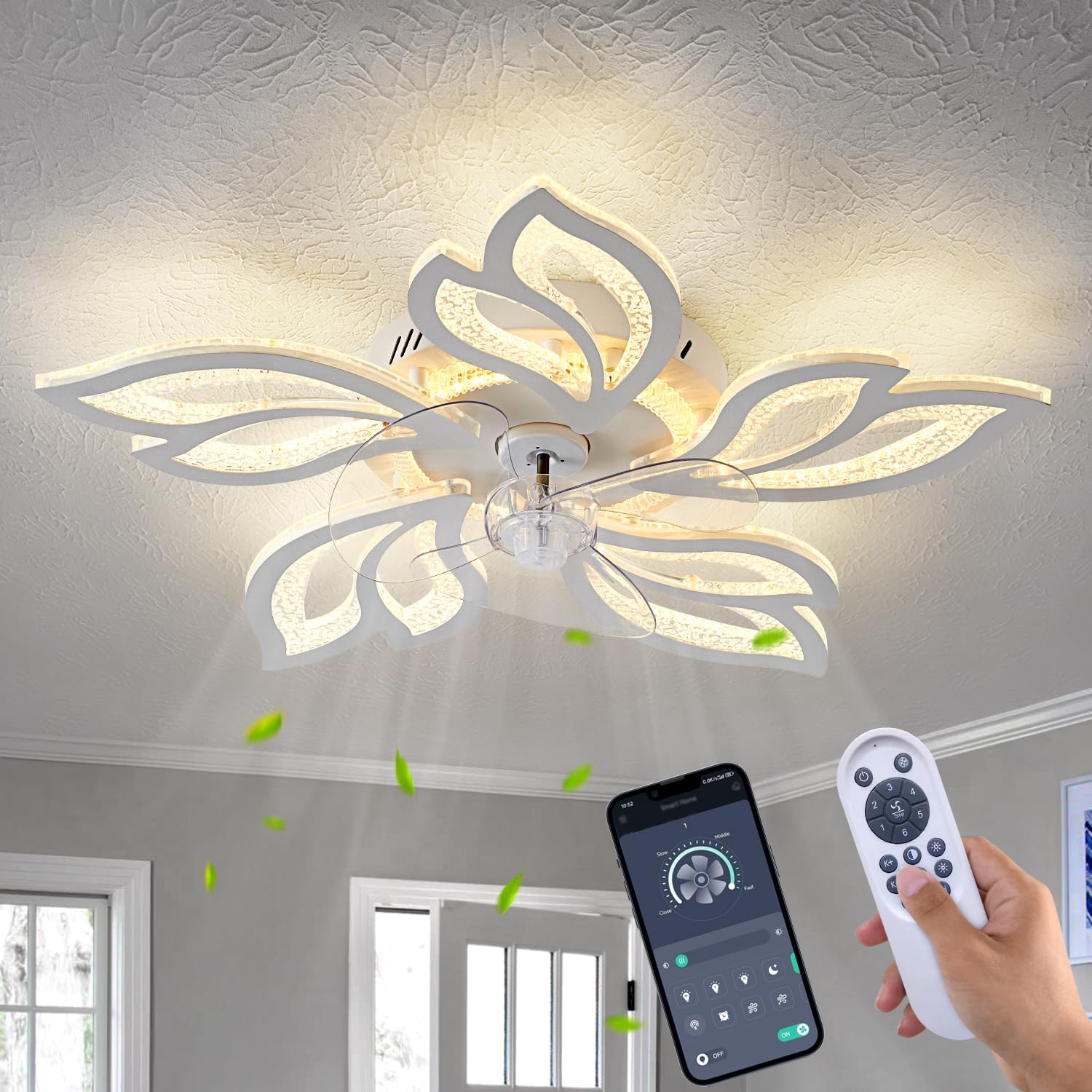 haodengshi 25 Modern Ceiling Fan with Lights and Remote Control, White Geometric Ceiling Fan with Lights, 3 Light Color 6 Speeds