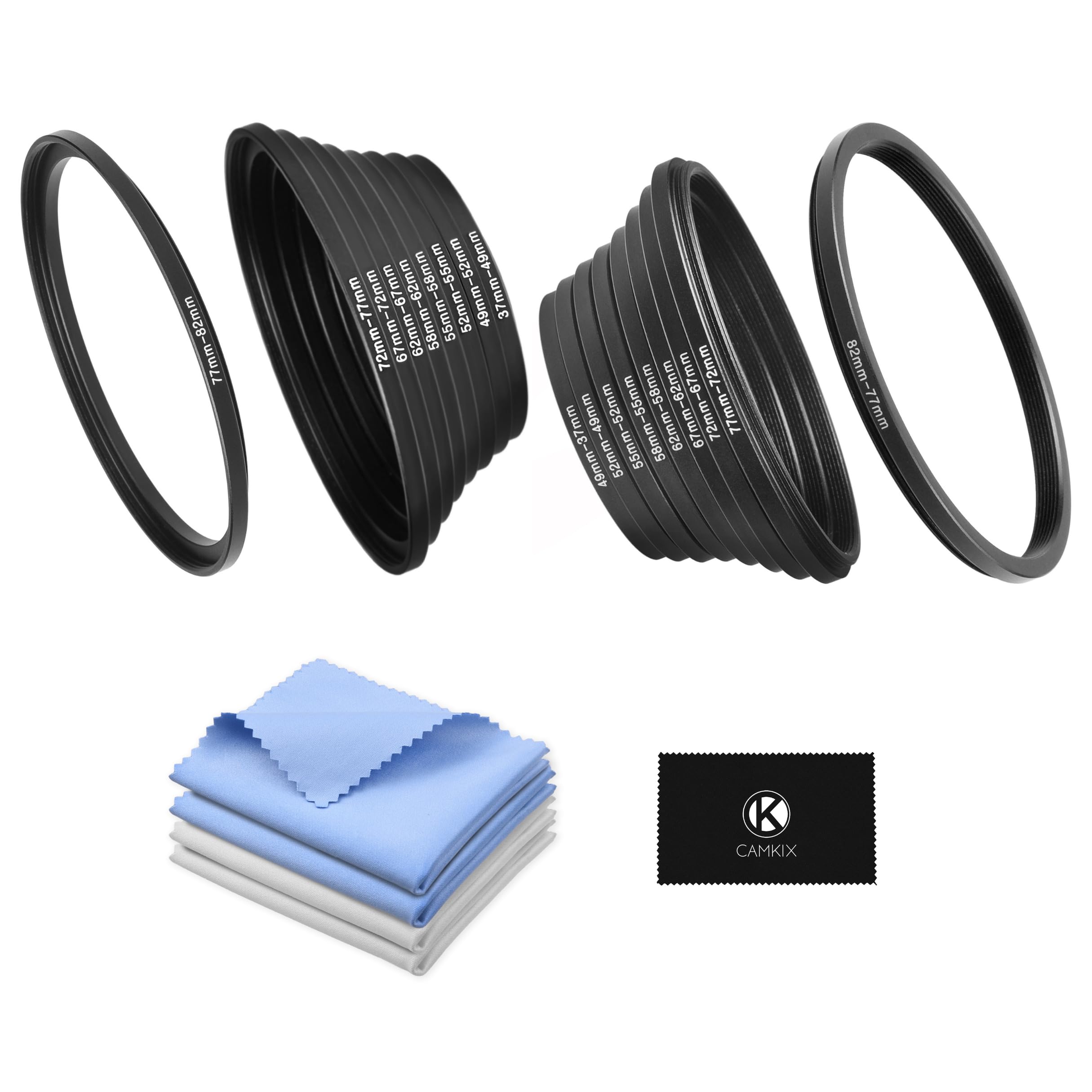 18 Piece Filter Ring Adapter Set   9X Step Up Rings And 9X Step Down Rings For Lens Filters, Lens Hoods, And Lens Converters   Includes 4X Microfiber Cleaning Cloths (7X6 Inches)