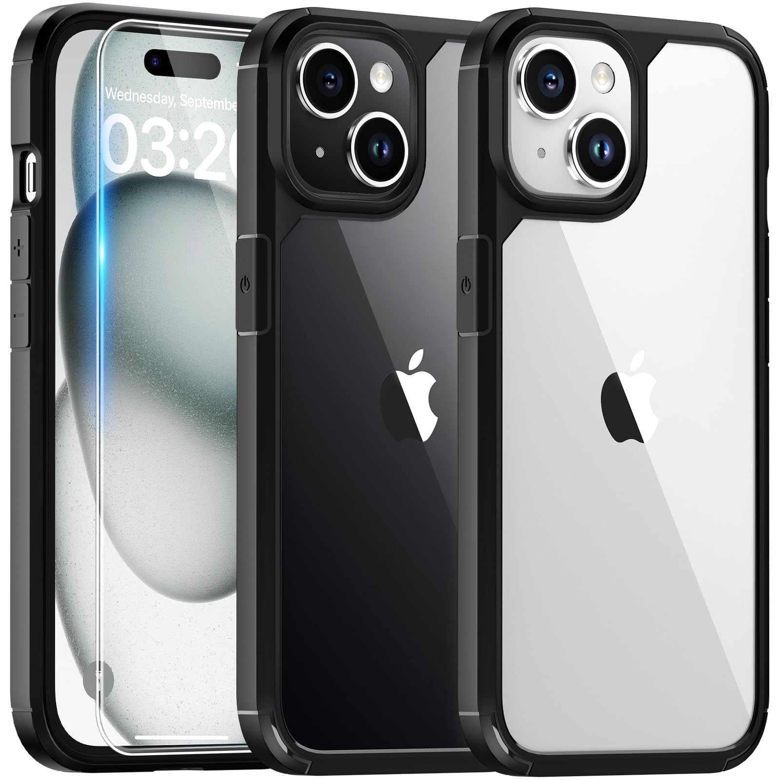 Tauri For Iphone 15 Plus Case, [3 In 1] 1X Black Case [Not Yellowing] With 2X Hd Tempered Glass Screen Protector, [Militarized D