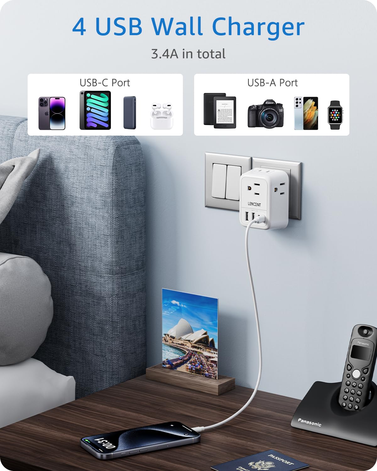 Lencent Foldable Australia Travel Plug Adapter, Us To New Zealand China Power Adaptor With 4 Outlets, 4 Usb Charger(2 Usb C Port