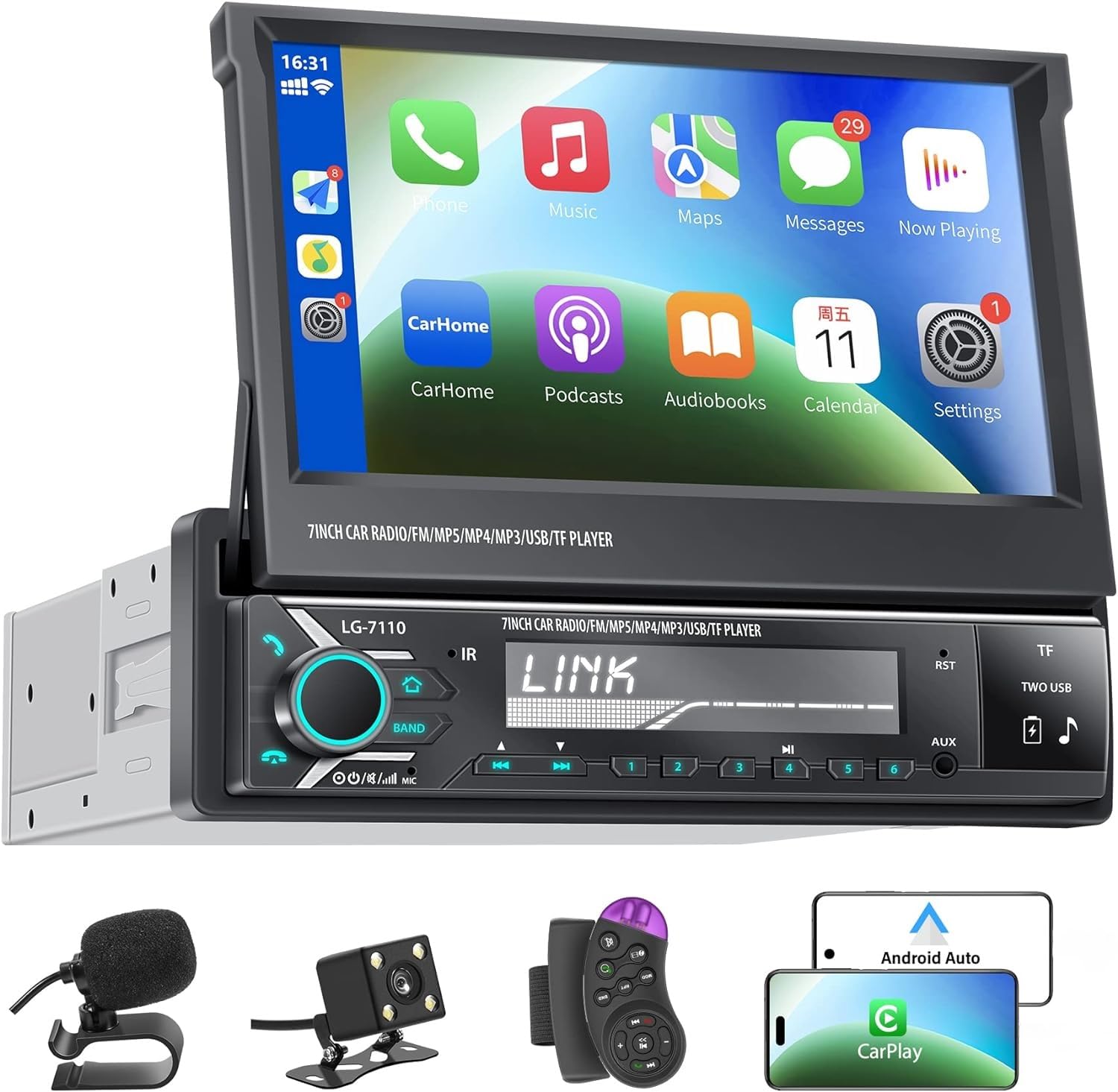 Single Din Car Stereo Screen With Wireless Carplay & Android Auto, 7' Flip Out Screen Car Stereo With Backup Camera, Car Radio S