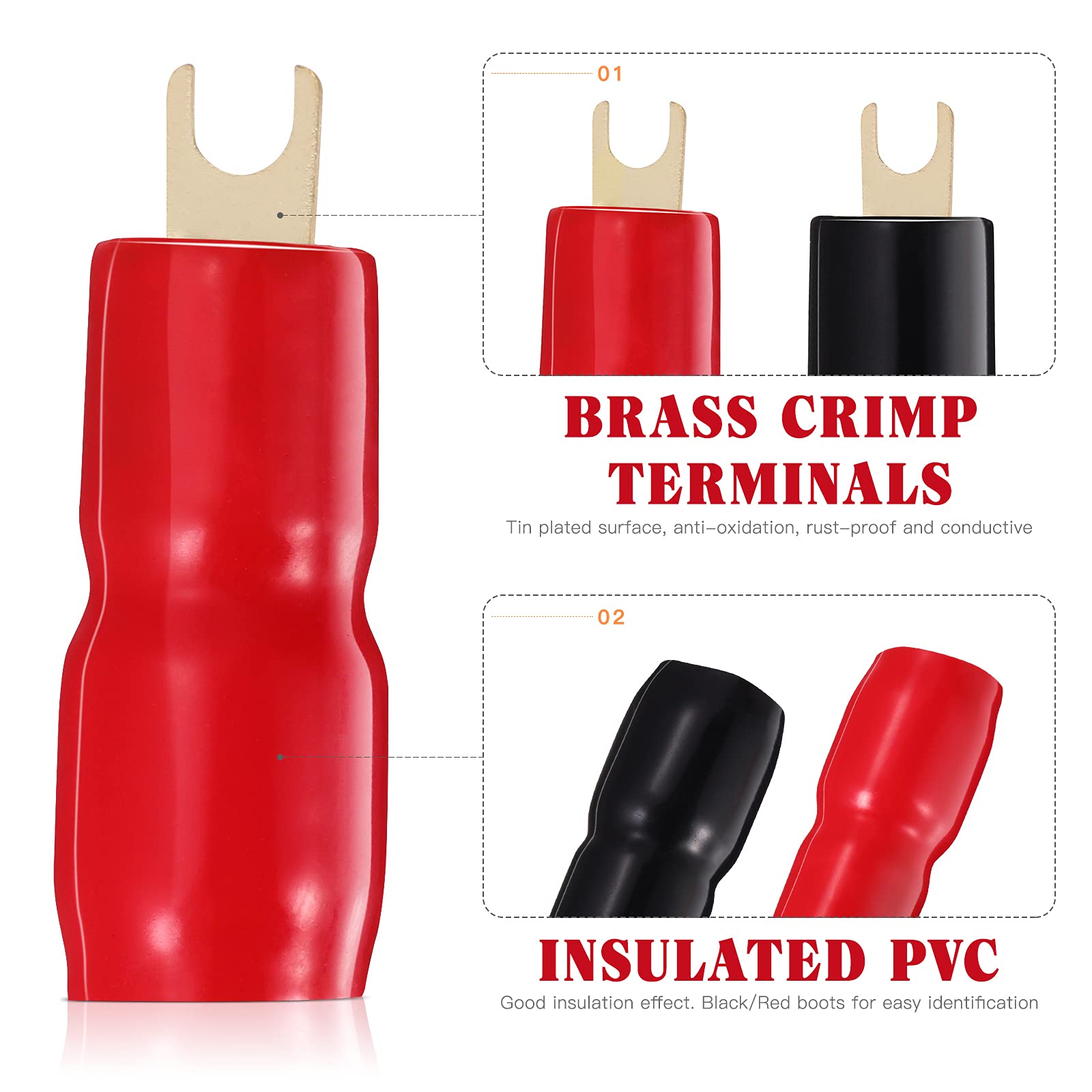 2 Pairs Copper Gold Plated 0 Gauge Spade Terminal Crimp Connectors Adapters Crimp Barrier Spades For Speaker Wire Cable Terminal Plug   0Ga (Red And Black)