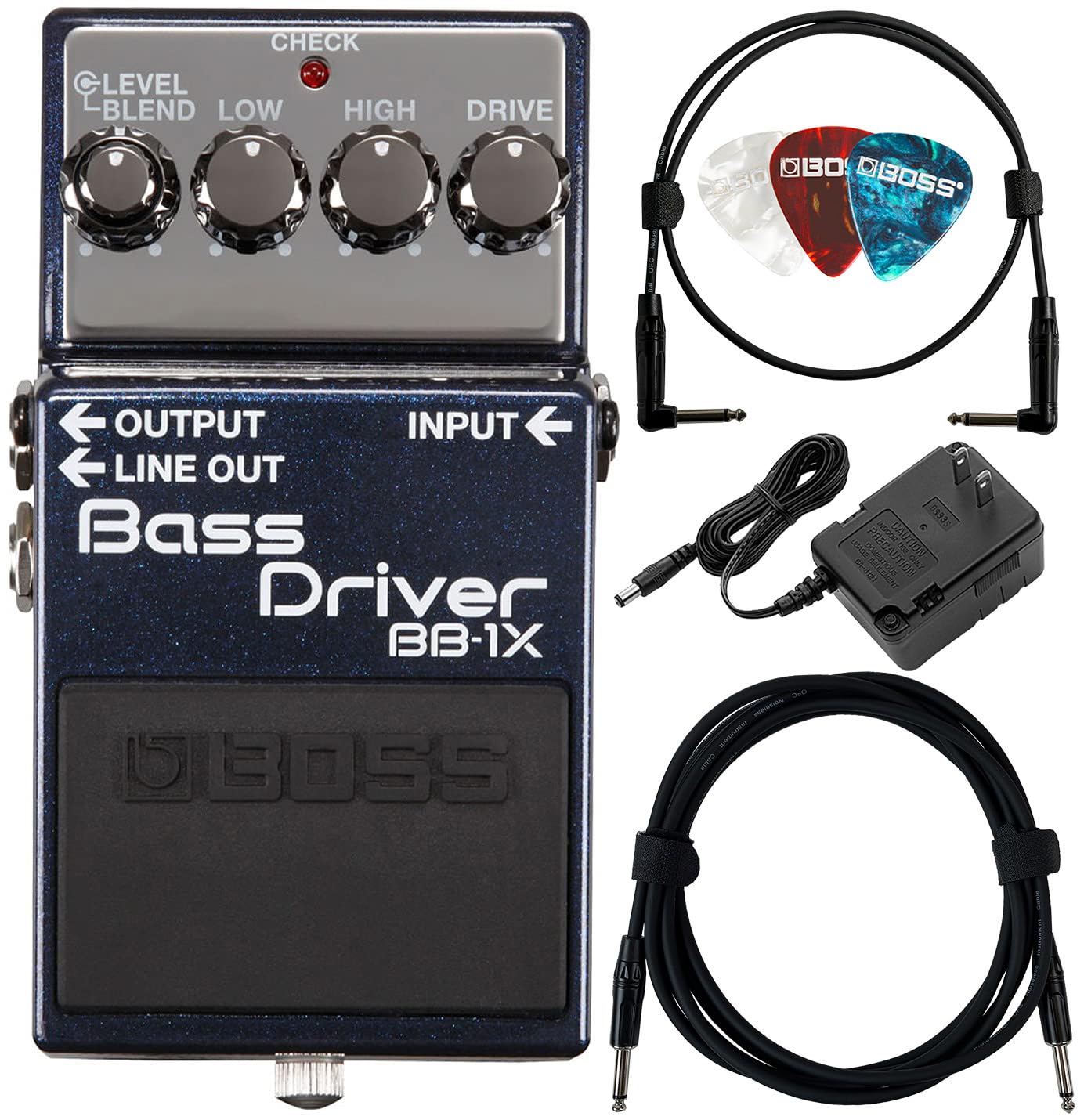 Boss Bb 1X Bass Driver Bundle With Power Adapter, 10Ft Instrument Cable, 6In Patch Cable, And Picks