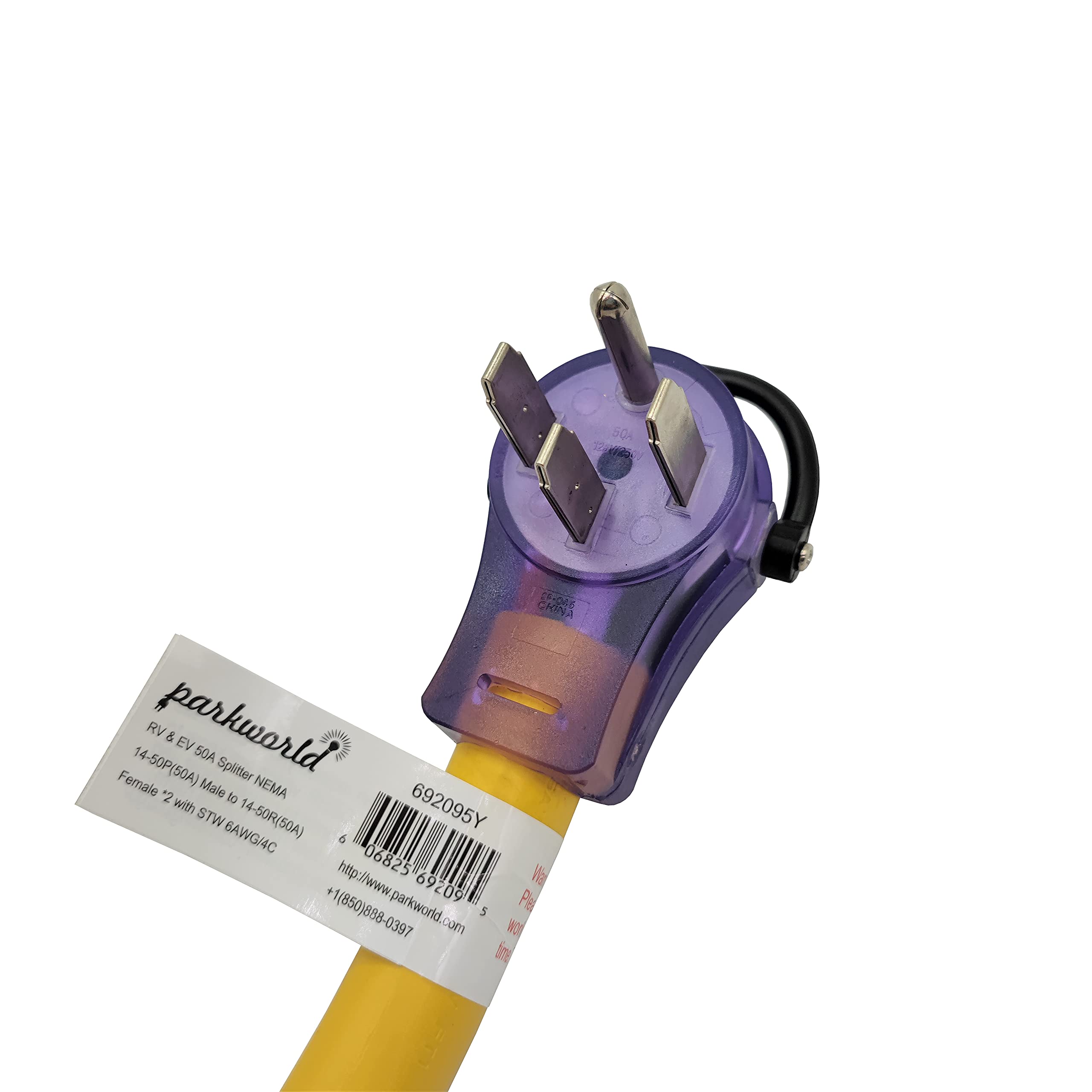 Parkworld 692095 Rv 50 Amp Splitter Adatper, 240V Splitter 14 50P Male Plug To (2) 14 50R Female Connector 3Ft (Yellow)