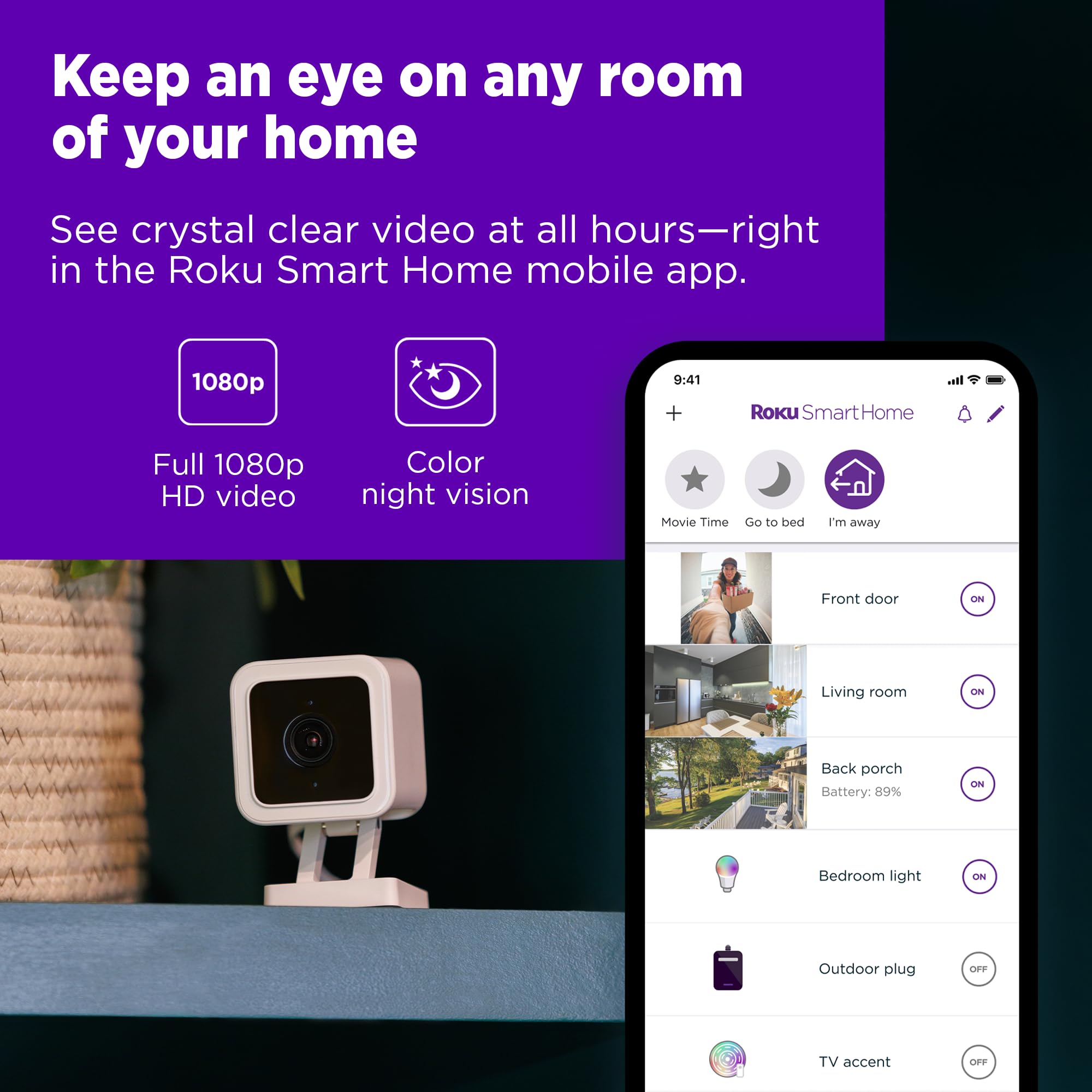 Roku Indoor Camera For Home Security, 2 Pack   Wired Security Camera With 1080P Hd Color Night Vision, Works With Alexa & Google, Motion & Sound Detection, Built In Siren, 90 Day Subscription Included