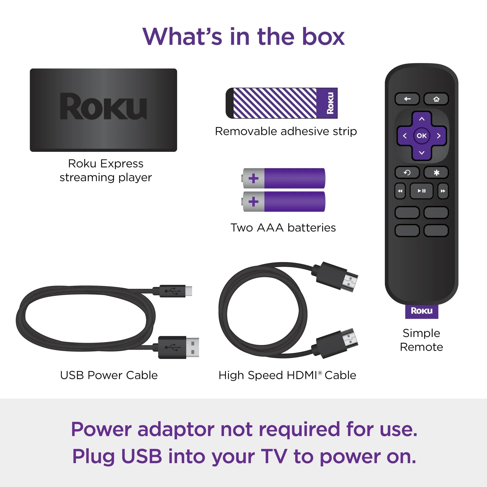 Roku Express (New) Hd Streaming Device, With High Speed Hdmi Cable And Simple Remote (No Tv Controls), Guided Setup, And Fast Wi Fi, With Mtc Hdmi Cable And Usb Extension Cord