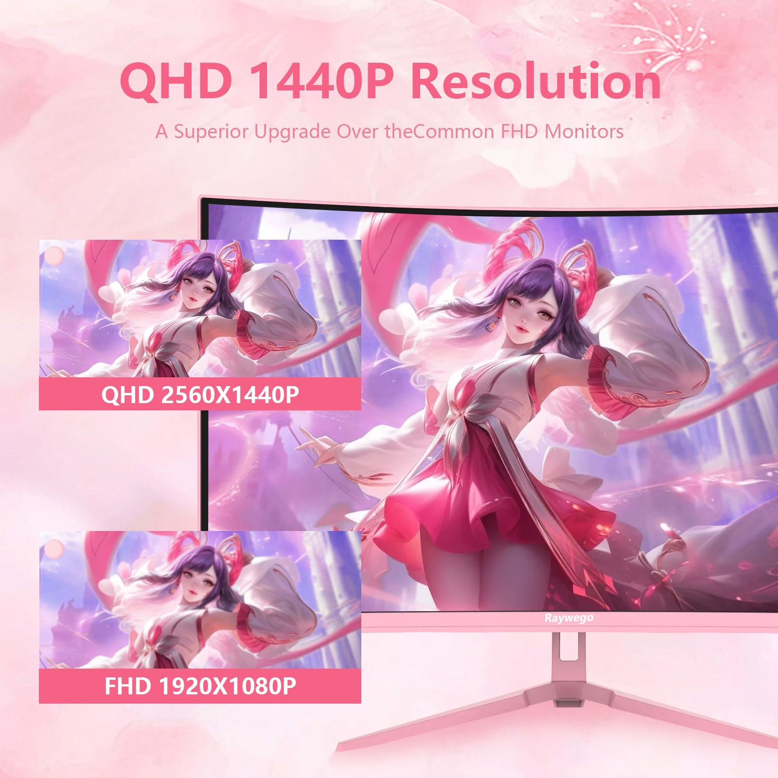 Raywego Pink 27 Inch Curved Gaming Monitor 180Hz,Qhd 1080P,1800R Led Display,Pink Computer Monitor,1Ms (Mprt),Freesync,Eye Care