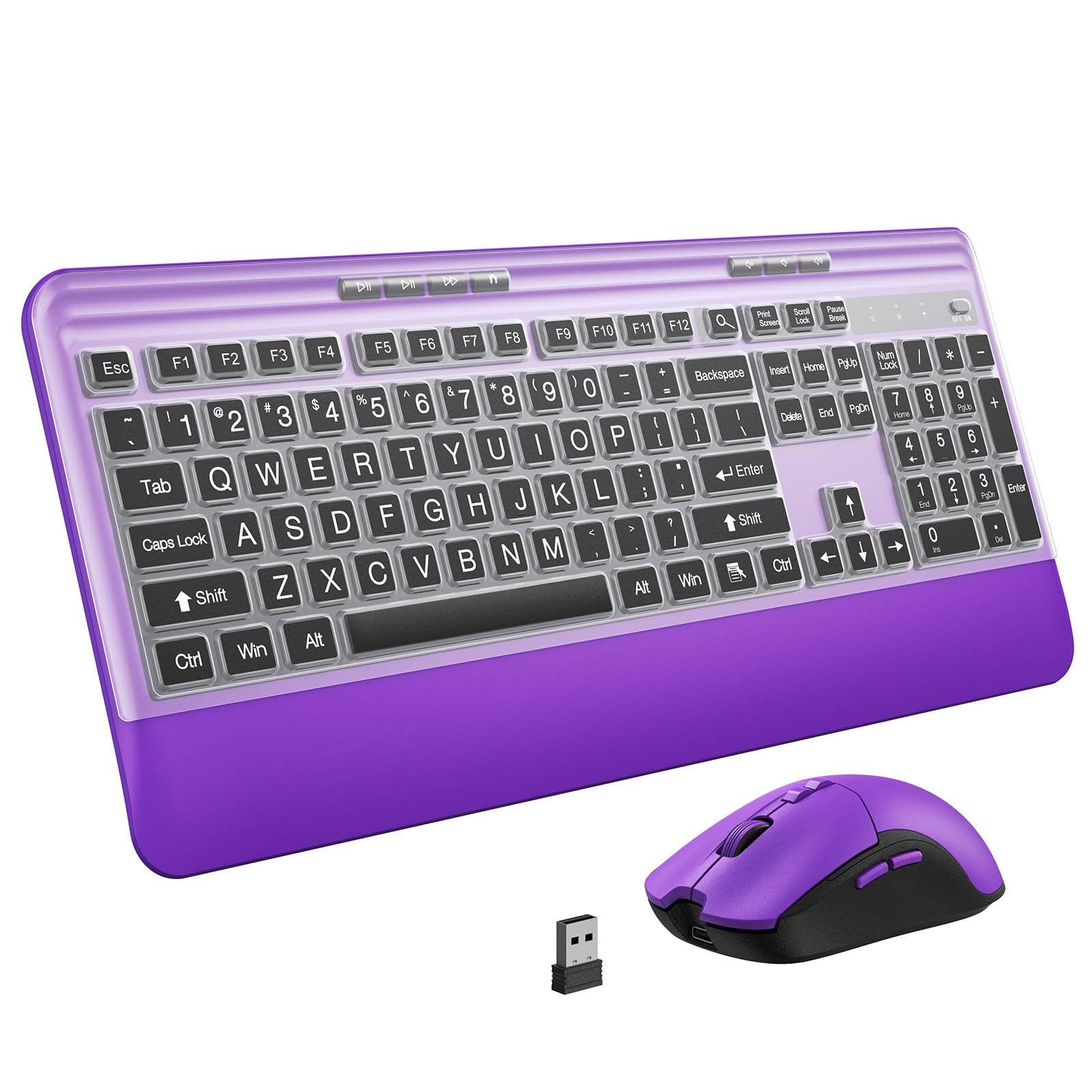 KOPJIPPOM Silent Wireless Keyboard and Mouse Combo - Keyboard with Large Print Cover, 2.4GHz Full-Sized Ergonomic Keyboard with 