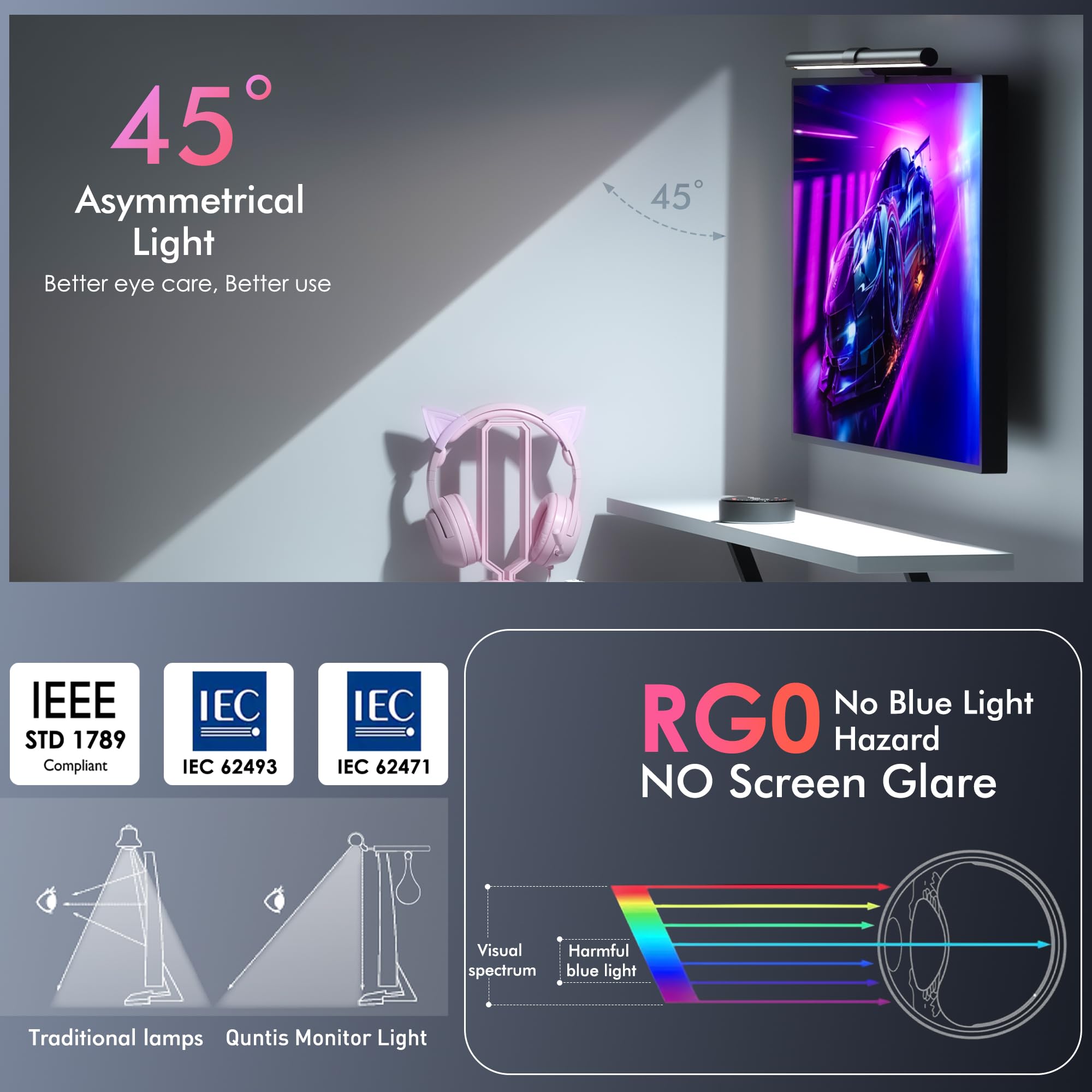 Quntis RGB Pro+ Monitor Light Bar, 20" USB Eye-Care Lamp, Multicolor, 15 Modes, Dimmable Brightness, Aluminum, Model LI-HY-0212