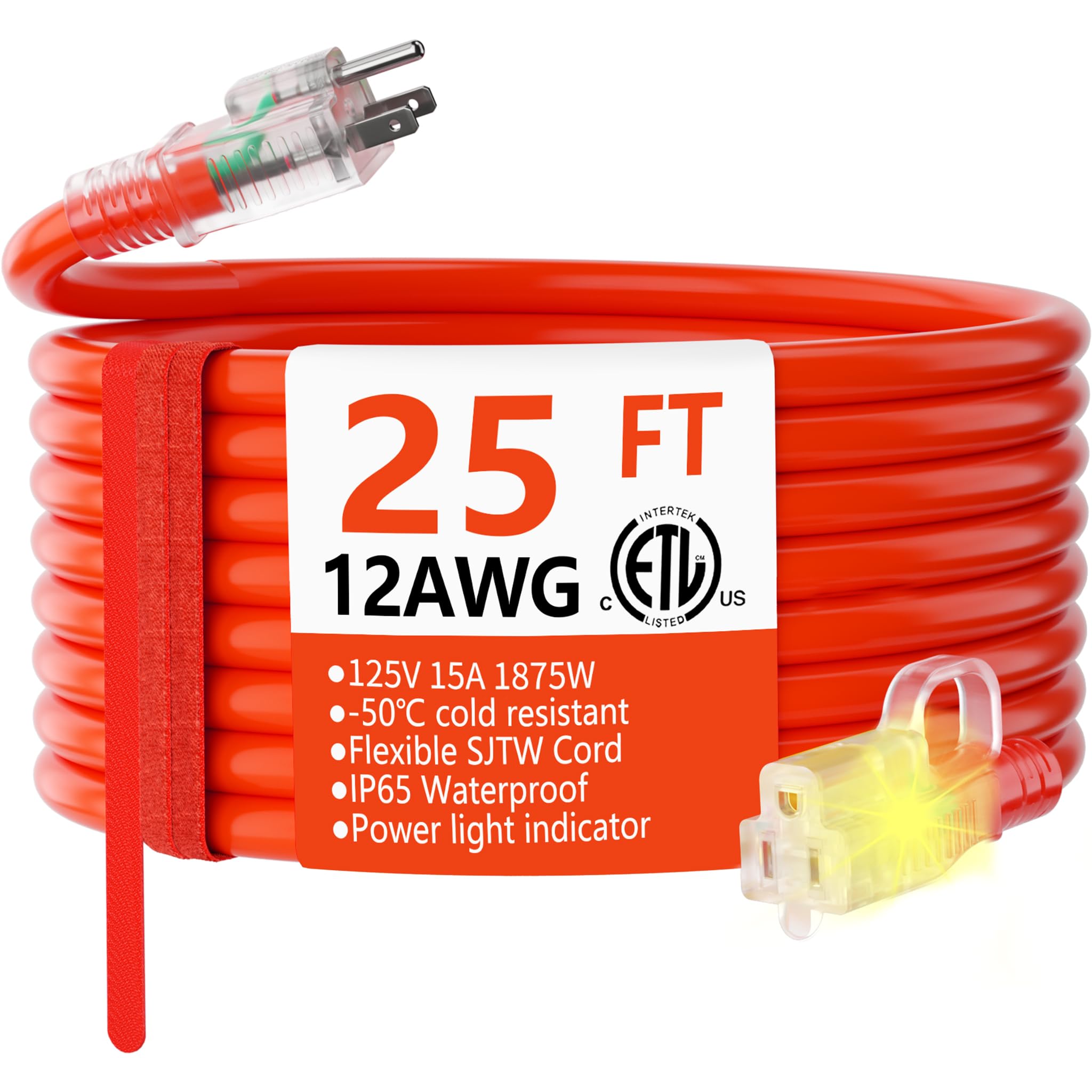 Huanchain 12/3 Gauge Heavy Duty Outdoor Extension Cord 25 Ft Waterproof With Lighted End, Flexible Cold Resistant 3 Prong Electr