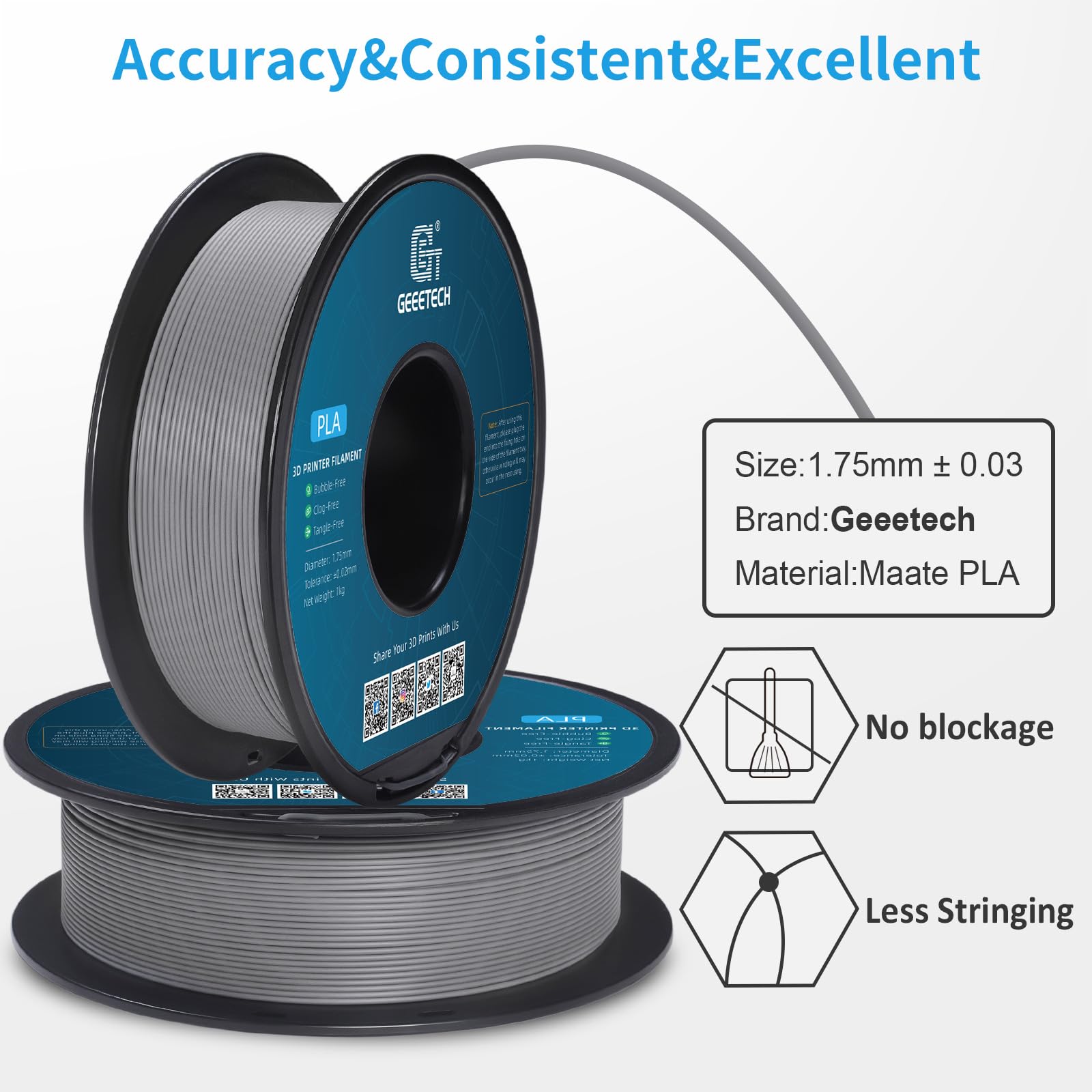 Geeetech Matte Pla Filament 1.75Mm, Grey 3D Printer Filament 1Kg Spool (2.2Lbs), +/- 0.02Mm Accuracy