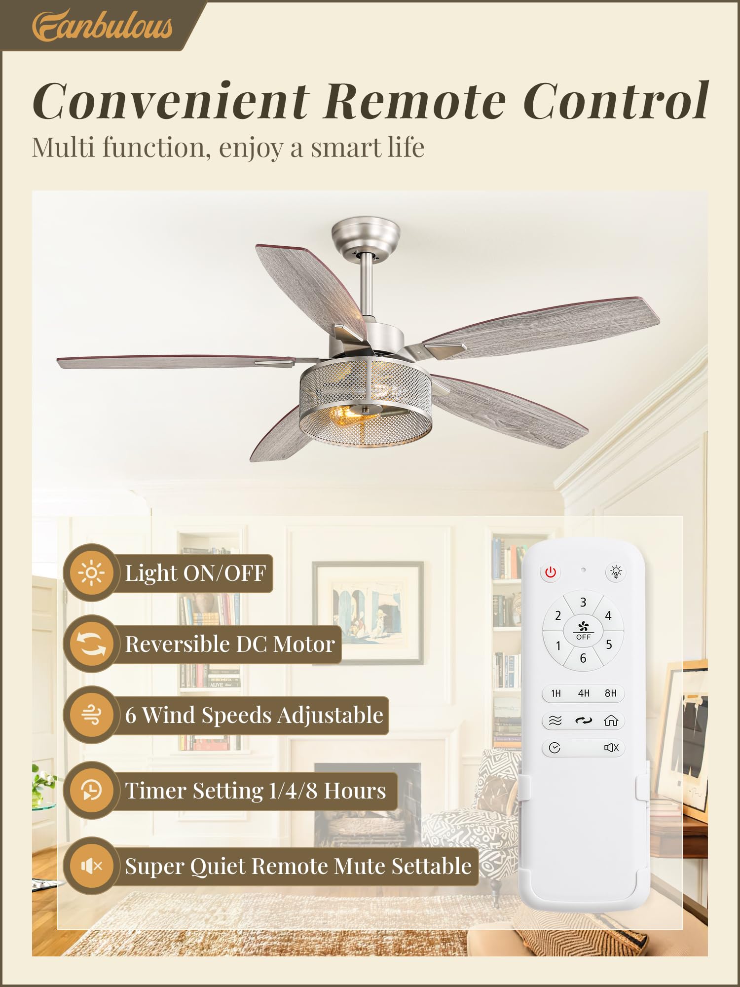 Farmhouse Brushed Nickel Ceiling Fans With Lights And Remote, 52 Inch Bedroom Caged Ceiling Fans For Living Room Kitchen,6 Speed