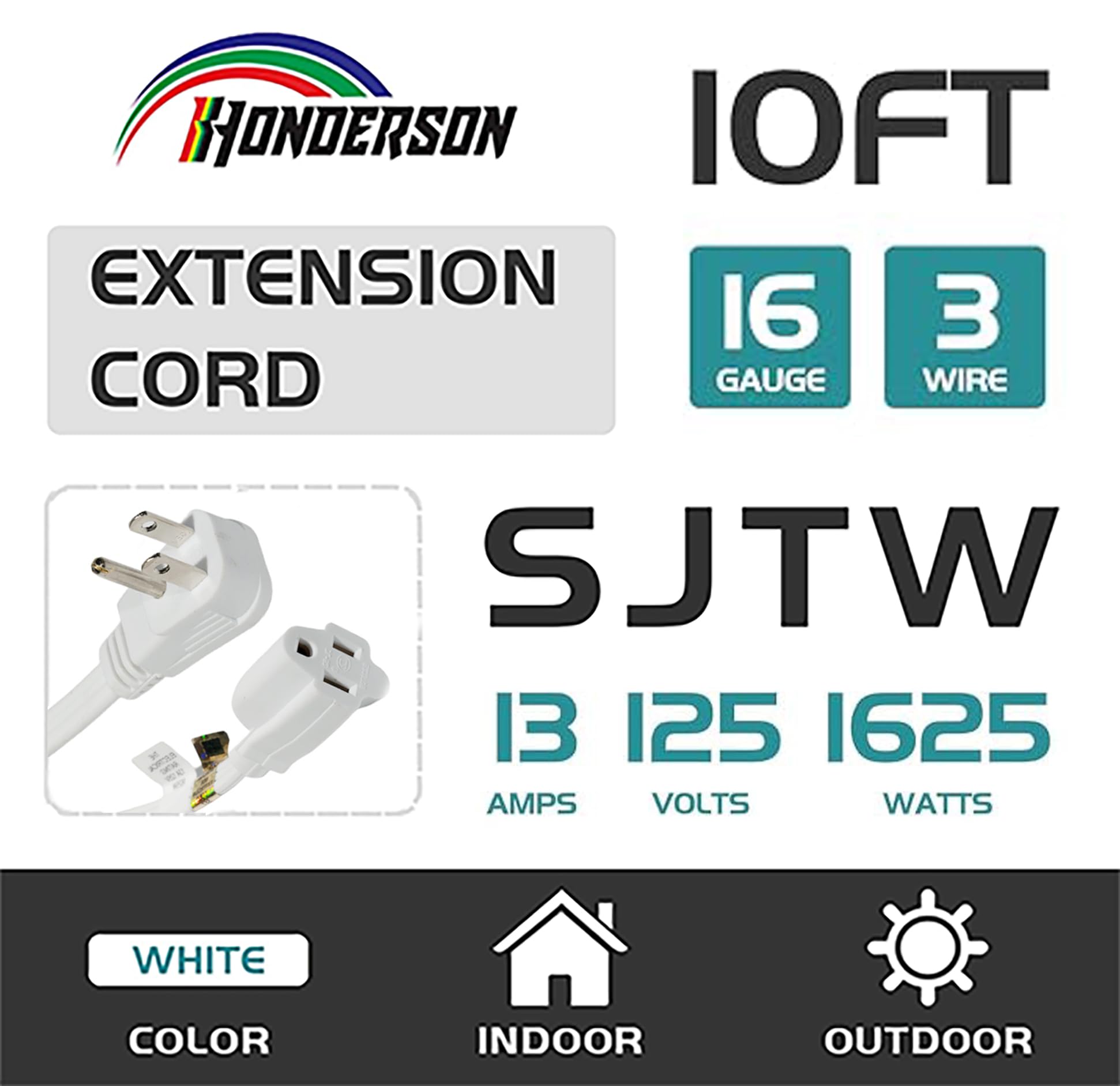 Honderson Flat Plug Extension Cord, Ul Listed, Indoor Extension Cord 16 Gauge 10Ft White, 16/3 Spt 3 13A 3 Prong Grounded Power
