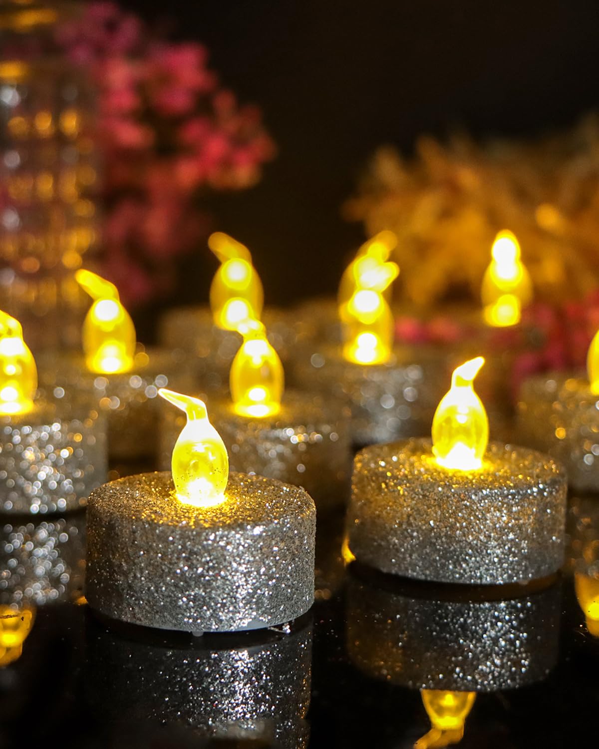 Oneihomm Silver Flameless Tealight Candles With Timer,Glitter Battery Operated Tea Lights For Event, Christmas Decorations,Anniv