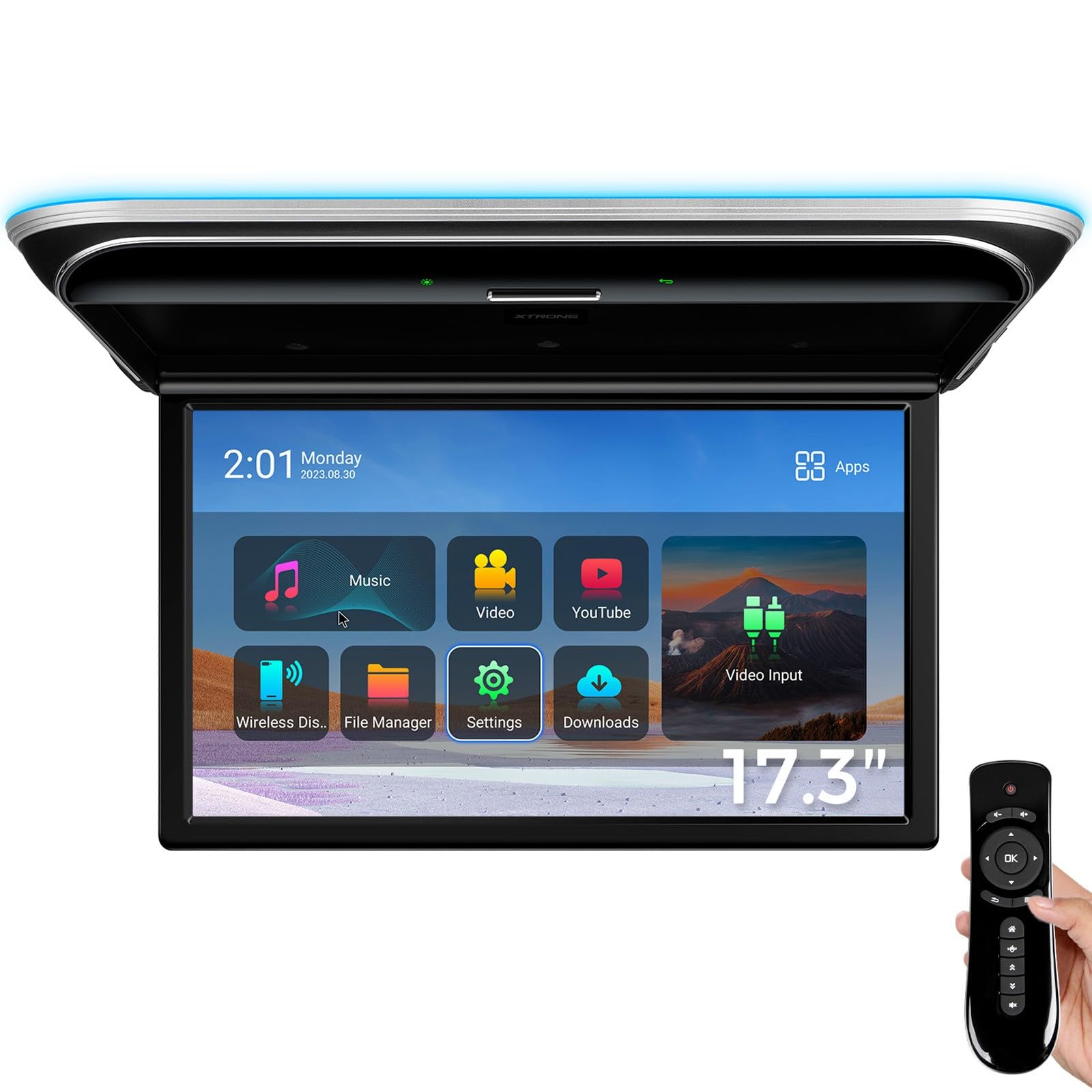 Xtrons Android Car Overhead Player 17.3 Inch Wide Ips Screen 8K Video Car Roof Mount Monitor With Built In Stereo Speakers Flip