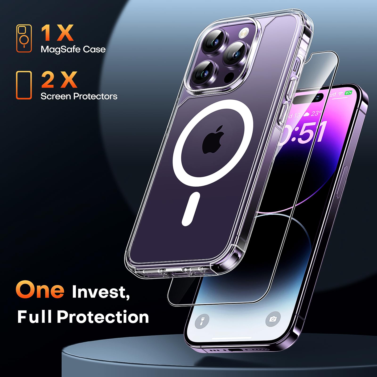 Tauri 3 In 1 For Iphone 14 Pro Max Case, Compatible With Magsafe [Not Yellowing] With 2X Screen Protector, Military Grade Protec