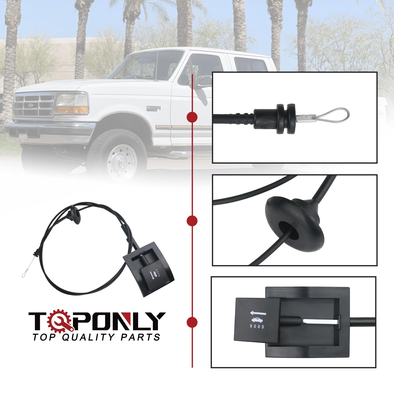Tqponly 912 042 Hood Release Cable & Pull Handle Compatible With Ford Bronco F150 F250 F350 Pickup Super Duty Replaces F2Tz16916