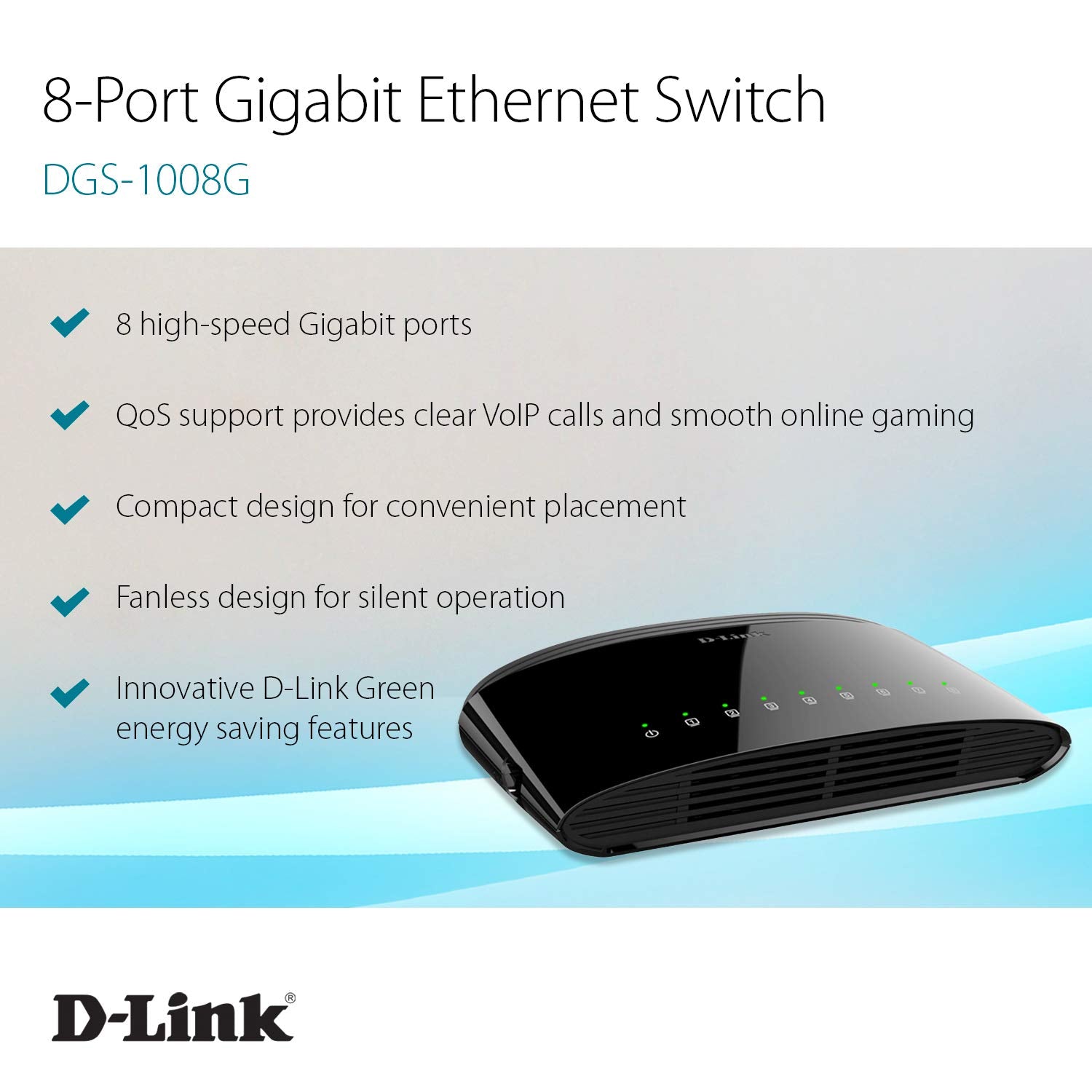 D Link Ethernet Switch, 8 Port Gigabit Plug N Play Compact Design Fanless Desktop (Dgs 1008G), Black