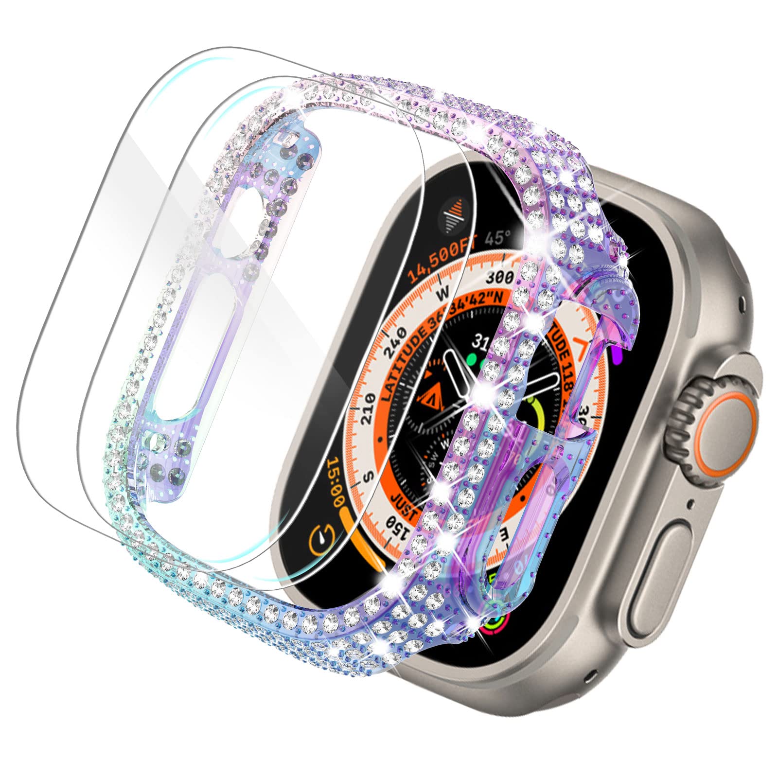 Kades For Apple Watch Ultra2 Case 49Mm [1+2 Pack] Apple Watch Ultra2 Screen Protecor 49Mm Full Diamonds Bling Case With Tempered