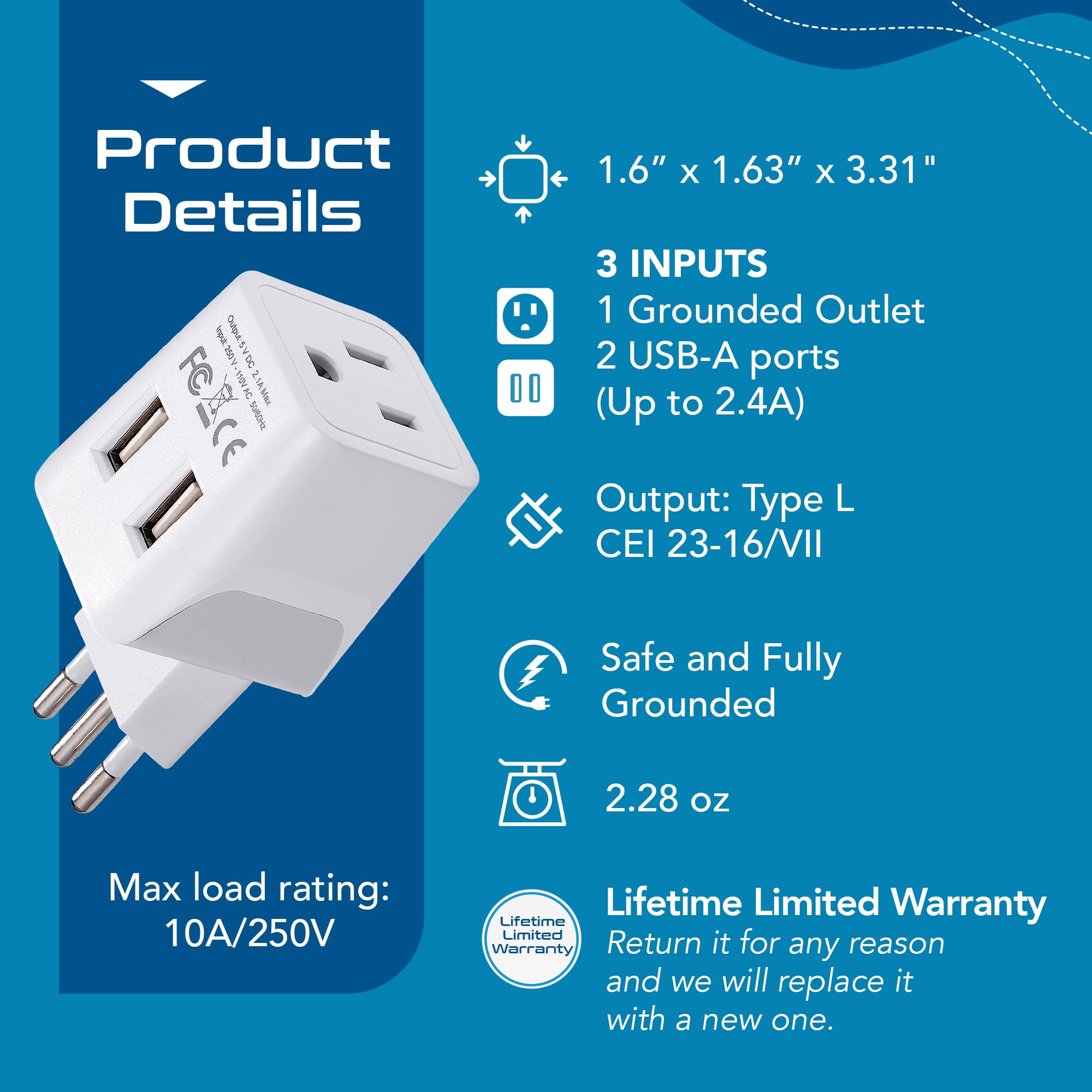 Ceptics Italy, Europe Travel Adapter Plug Set   2 Pack   With 2 Usb + Usa Socket Input   Type L And Type C   Ultra Compact   Saf