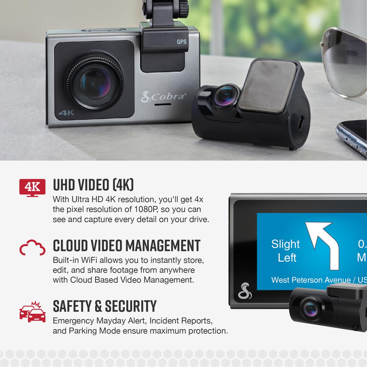 Cobra Smart Dash Cam + Rear Cam (Sc 400D) � Uhd 4K Resolution, Alexa Built In, 3 Camera Capable, Live Police Alerts, Emergency Mayday, Drive Smarter App, 3' Touchscreen, Wi Fi & Gps, 32Gb Sd Card Incl