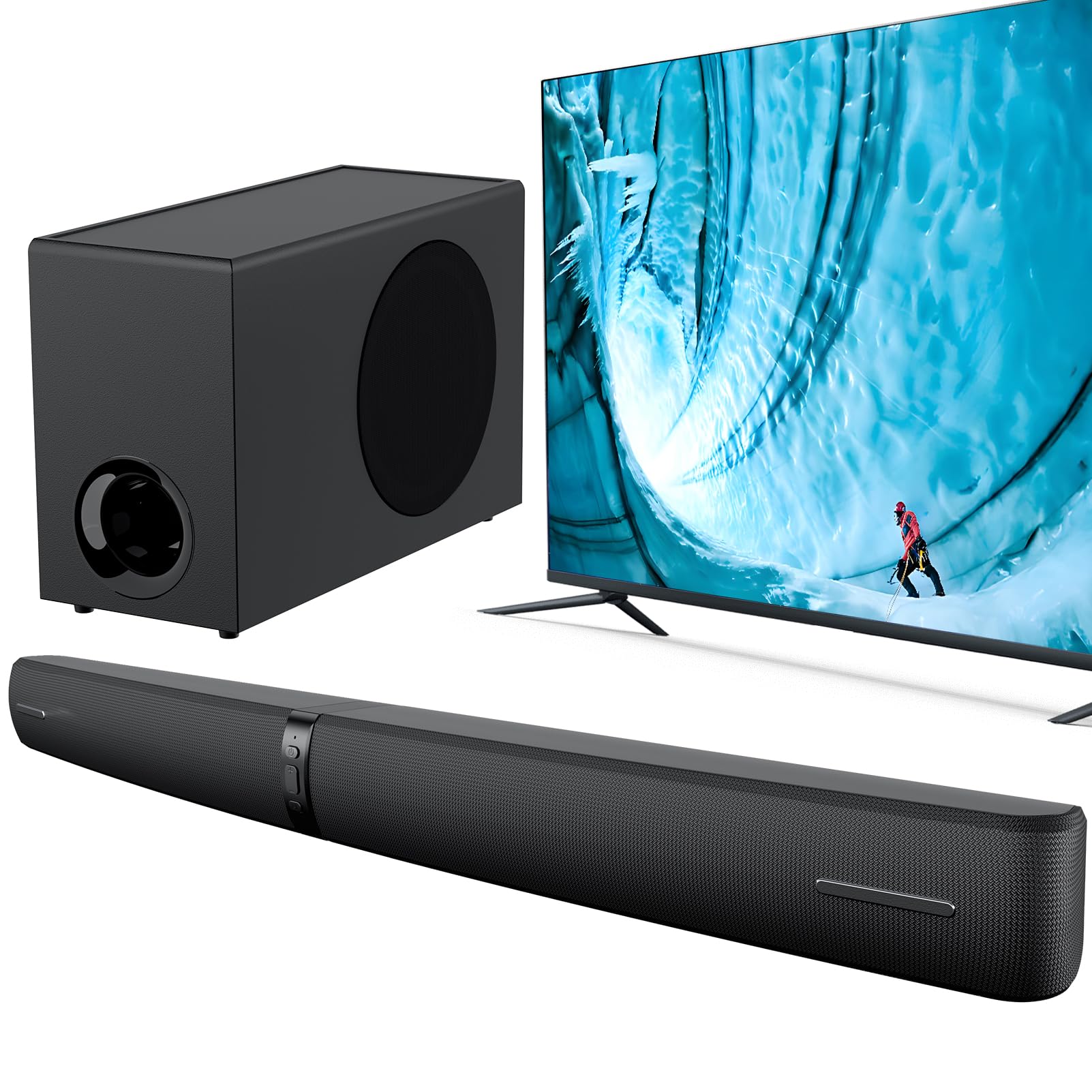 Assistrust 2.1 Sound Bar with Subwoofer, 110W Sound Bar for Smart TV with Adjustable Deep Bass & Volume Boost & 3 EQ Modes, Blue