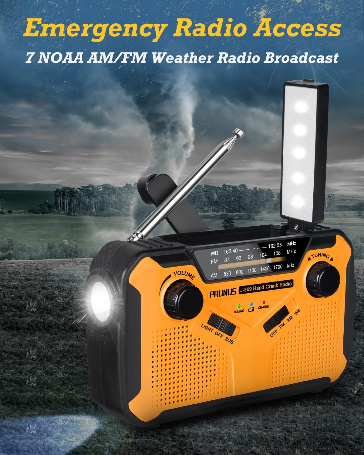 Prunus J 369 11100Mwh Emergency Weather Radio, Aa Batteries/Hand Crank/Solar/Usb Charging, Noaa/Am/Fm, Led Flashlight And Reading Lamp,Sos Alarm & Flashlight