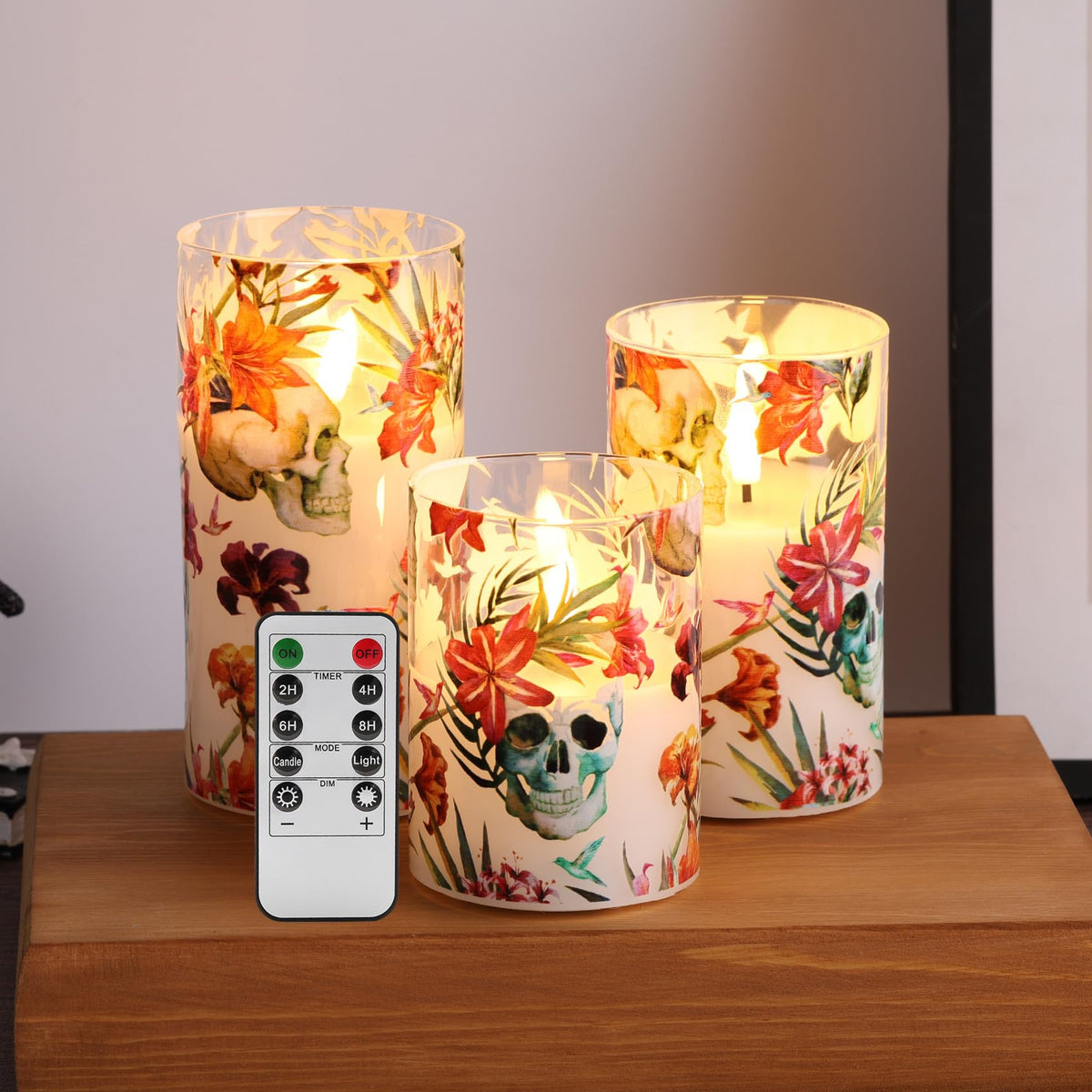 Eywamage Skull Floral Flameless Candles In Glass Jars, Flickering Battery Led Pillar Candles With Remote Set Of 3