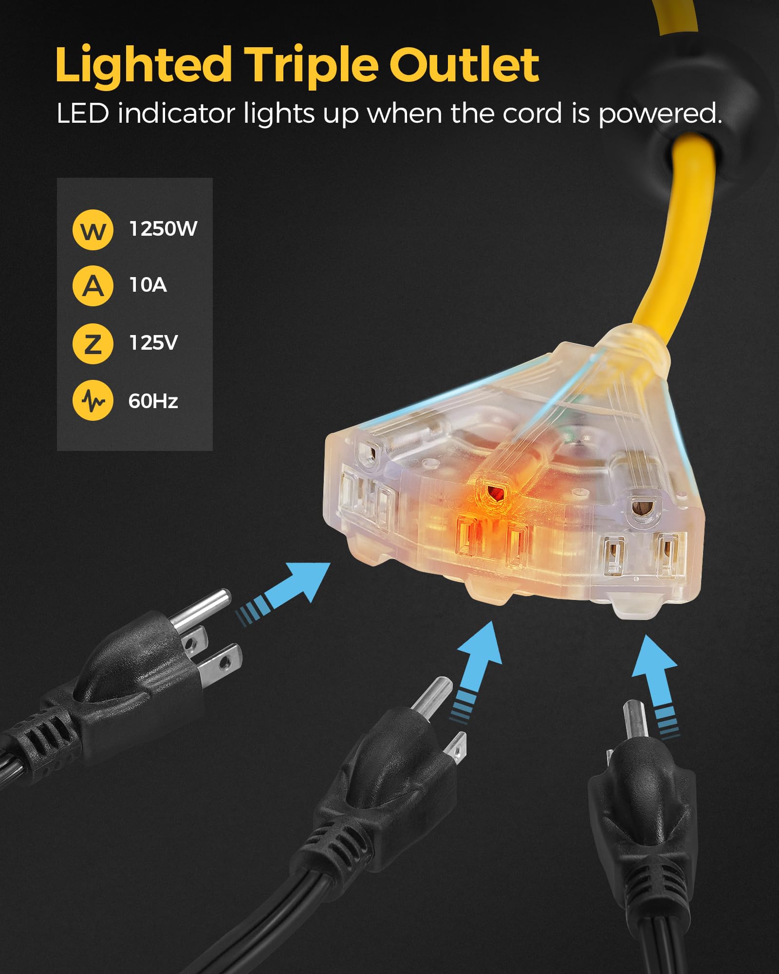 Wilawels Retractable Extension Cord Reel, 75 Ft Heavy Duty Cord Reel, 14Awg/3C Sjtow, 3 Grounded Outlets Lighted Triple Tap, 10A