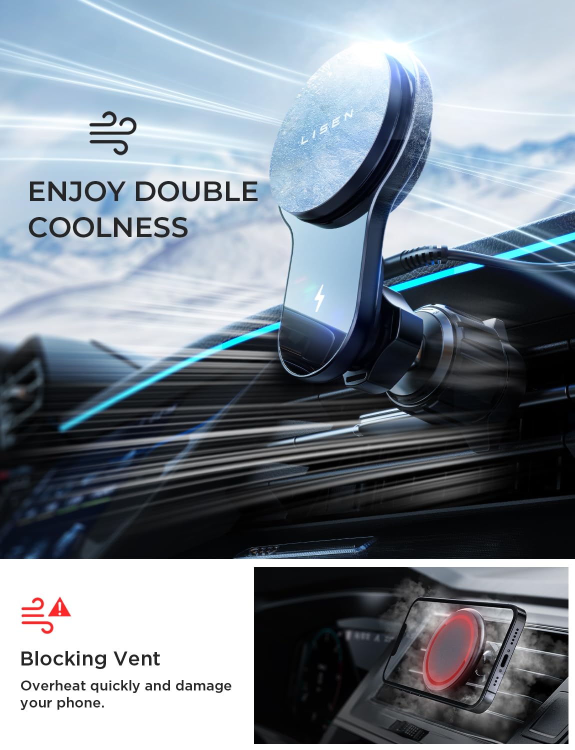 Lisen For 15W Magsafe Car Vent Mount Charger With Turbo Fan Cooling (-8C Reduction) For Iphone 16 Wireless Magnetic Car Phone Ho