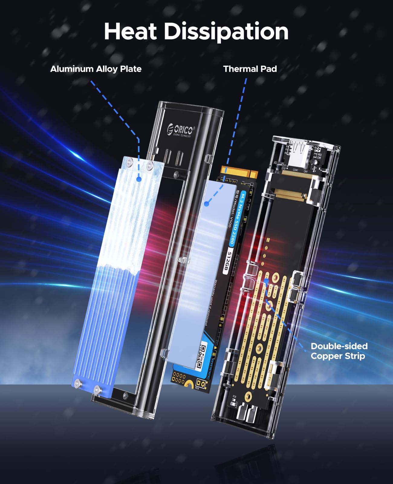 ORICO M.2 NVMe SSD Enclosure, USB 3.2 Gen 2 (10 Gbps), Transparent External Solid State Drive Adapter Enclosure for 2280 2260 2242 2230 PCI E M2 M Key SSD, USB Type C Converter Case TCM2 Blue