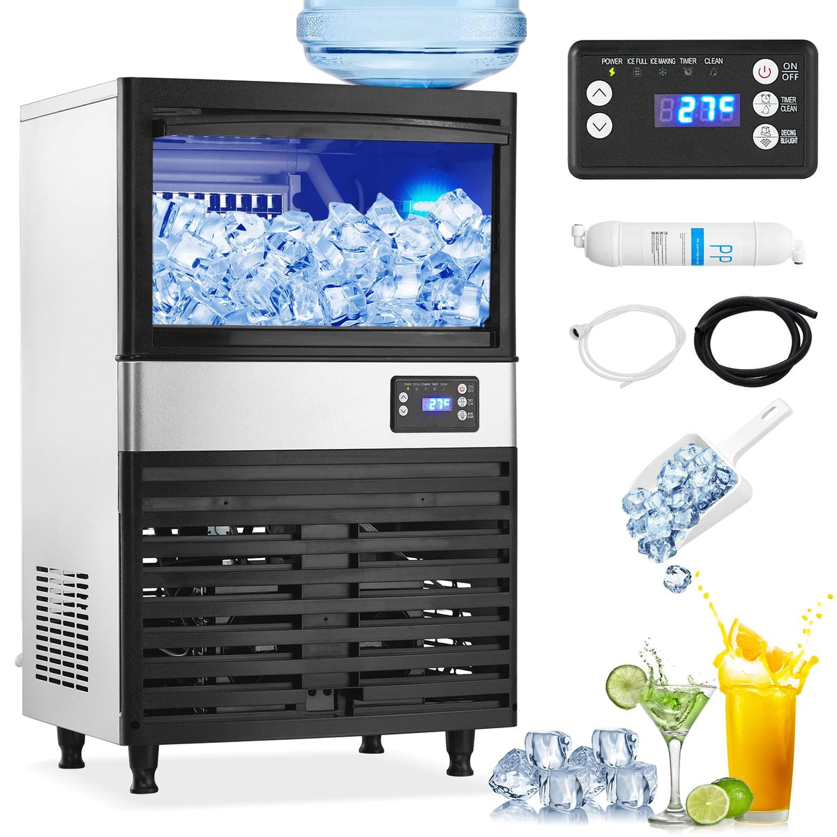 Commercial Ice Maker Machine, 130Lbs/24H, 30 Lbs Ice Storage Bin, Fast Making Ice In 5-15 Mins, Auto-Clean, Timer Function, Free