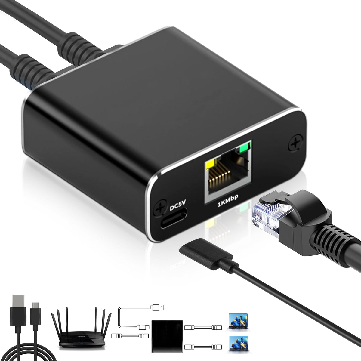Prubovi Ethernet Splitter 1 To 2, High Speed 1000Mbps Switch Lan Adapter, With Usb Power Cable, Suitable For Cat 5/5E/6/7/8 Inte